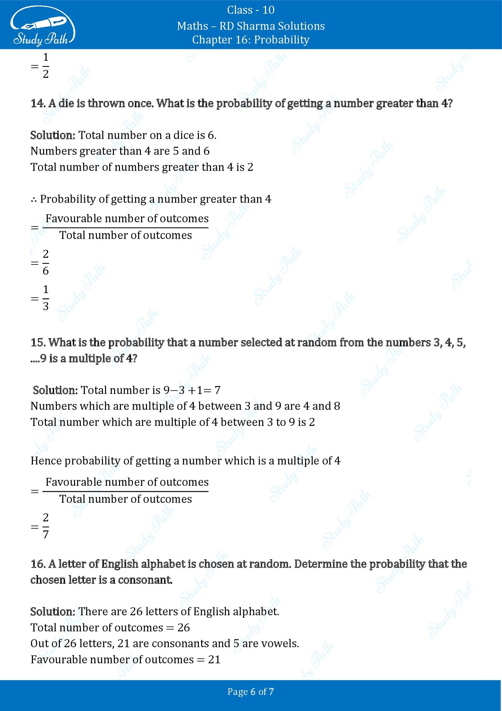 RD Sharma Solutions Class 10 Chapter 16 Probability Very Short Answer Type Questions VSAQs 00006