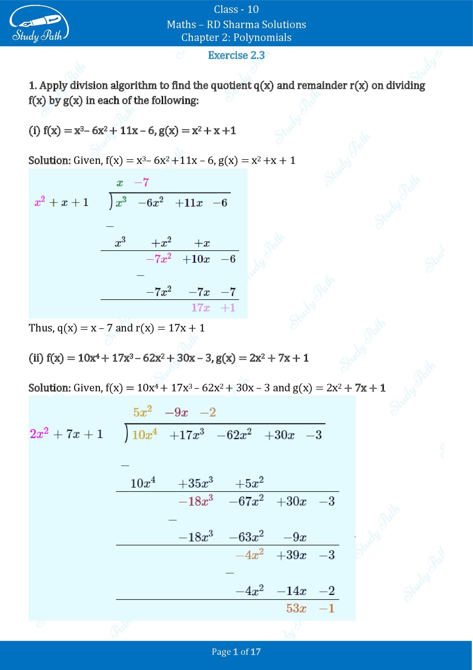 RD Sharma Solutions Class 10 Chapter 2 Polynomials Exercise 2.3 00001