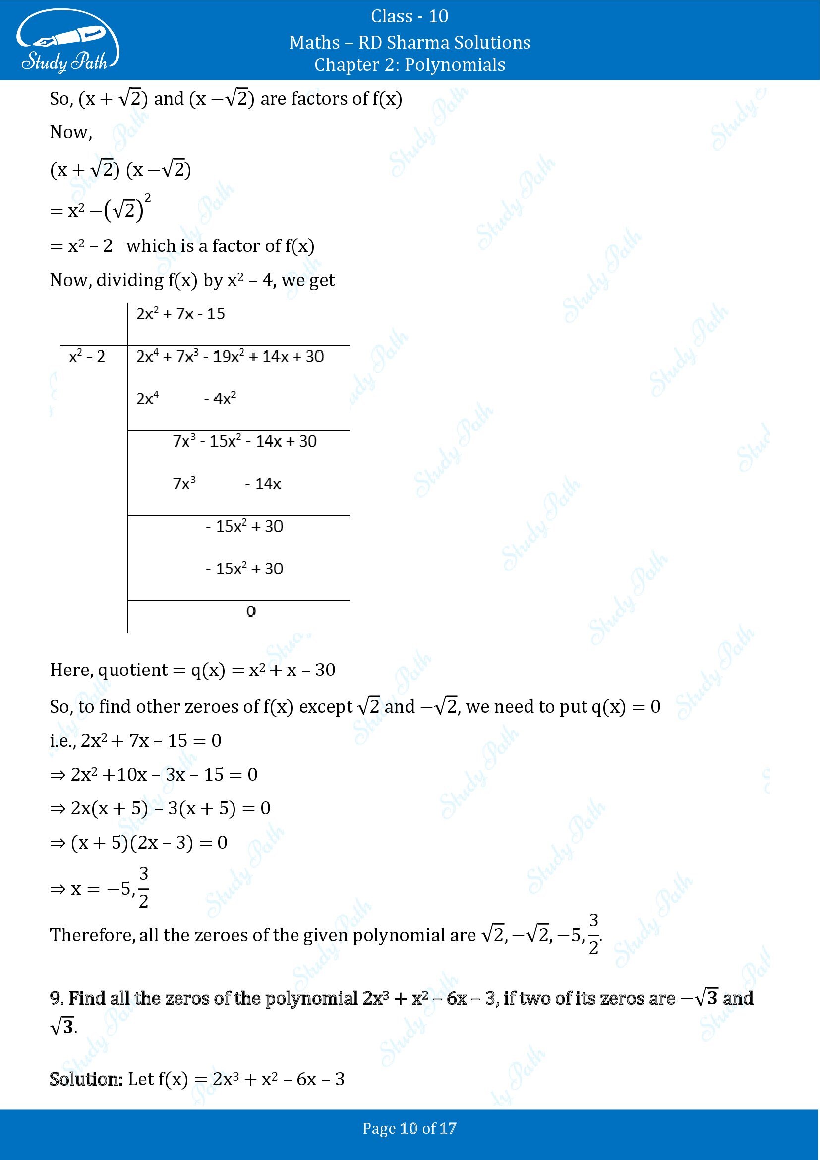 RD Sharma Solutions Class 10 Chapter 2 Polynomials Exercise 2.3 00010