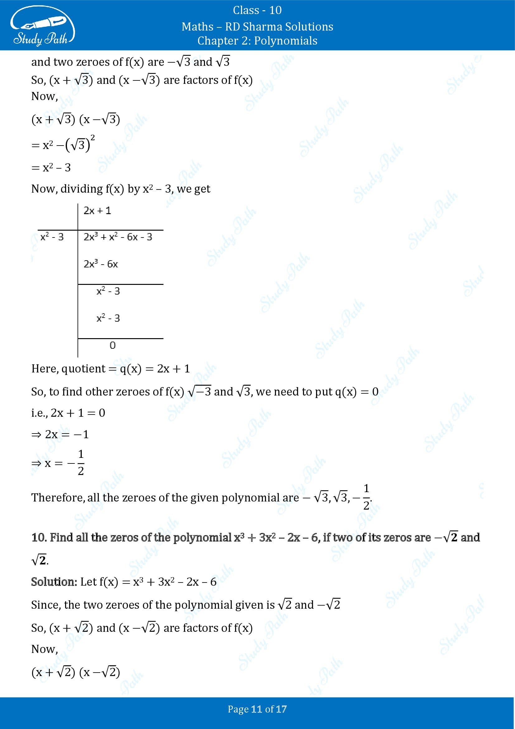 RD Sharma Solutions Class 10 Chapter 2 Polynomials Exercise 2.3 00011