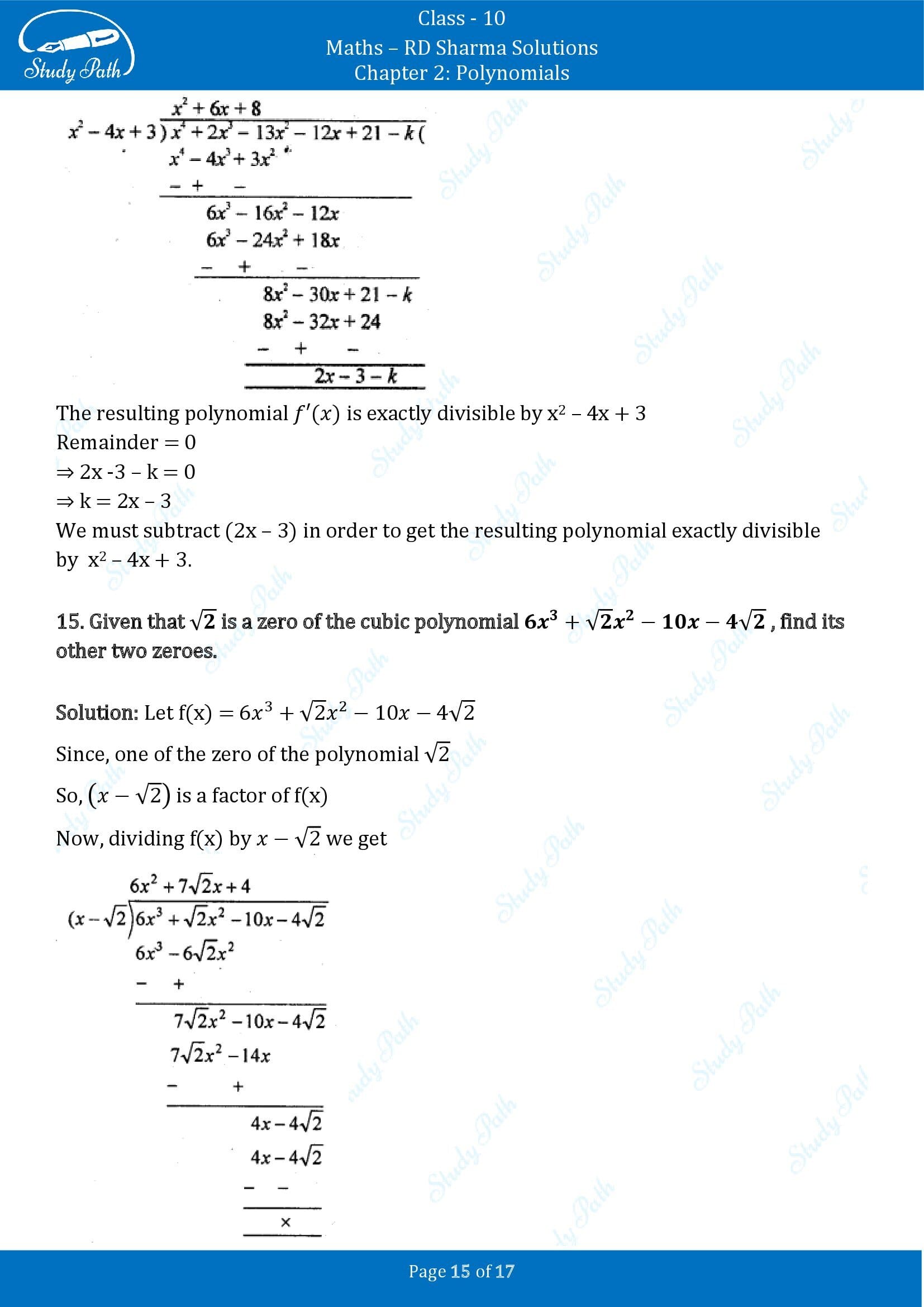 RD Sharma Solutions Class 10 Chapter 2 Polynomials Exercise 2.3 00015