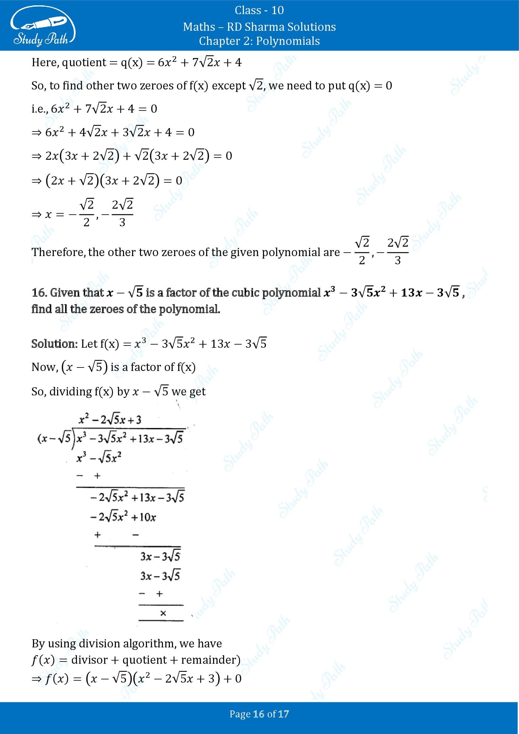 RD Sharma Solutions Class 10 Chapter 2 Polynomials Exercise 2.3 00016