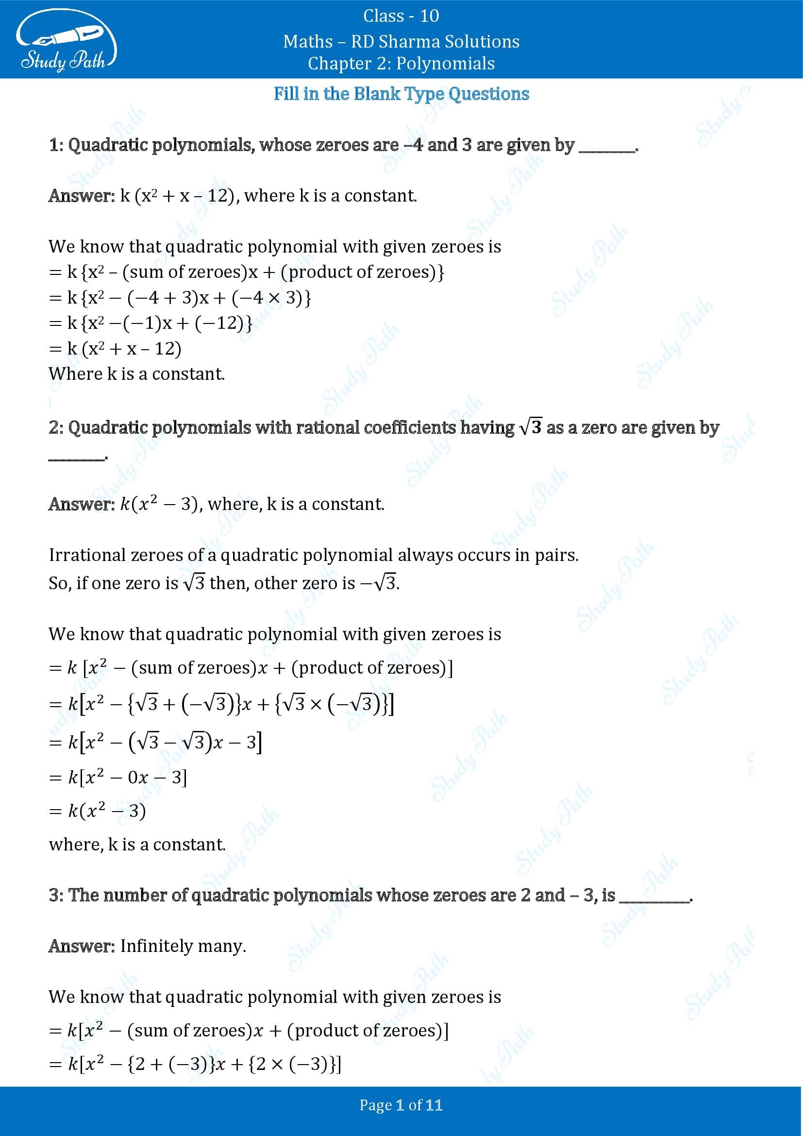 RD Sharma Solutions Class 10 Chapter 2 Polynomials Fill in the Blank Type Questions FBQs 00001