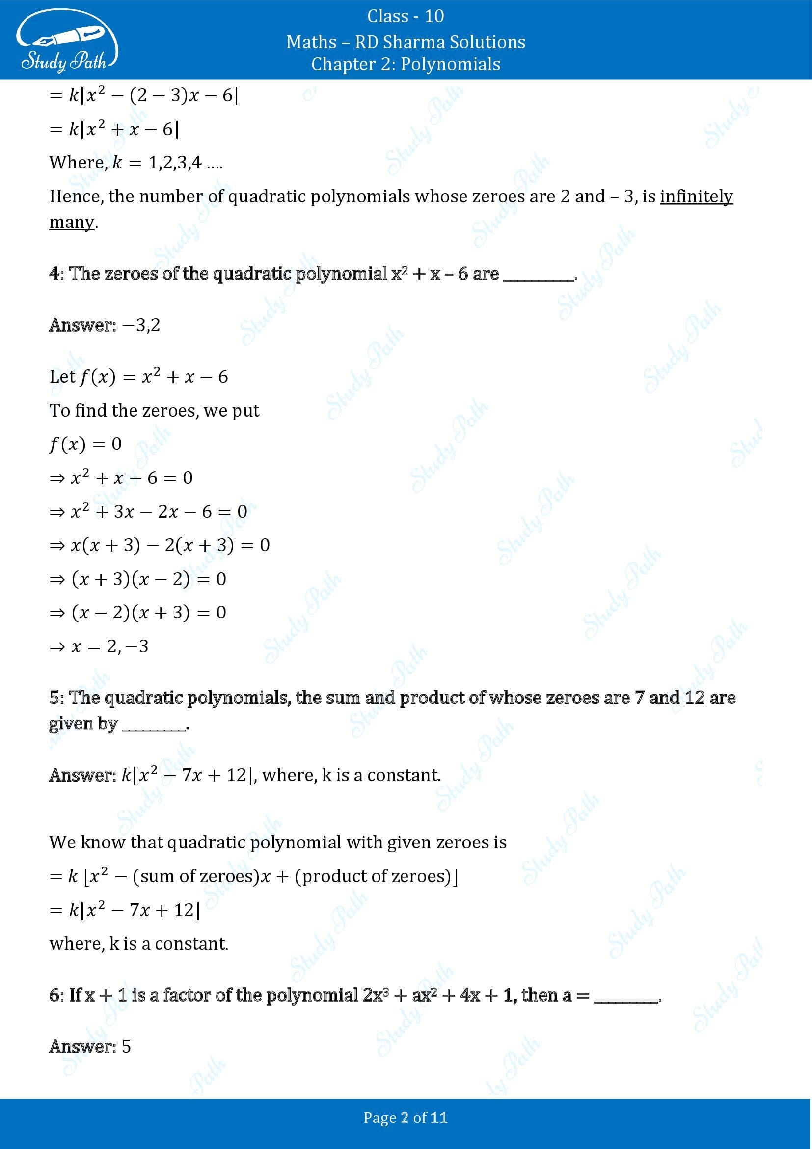 RD Sharma Solutions Class 10 Chapter 2 Polynomials Fill in the Blank Type Questions FBQs 00002