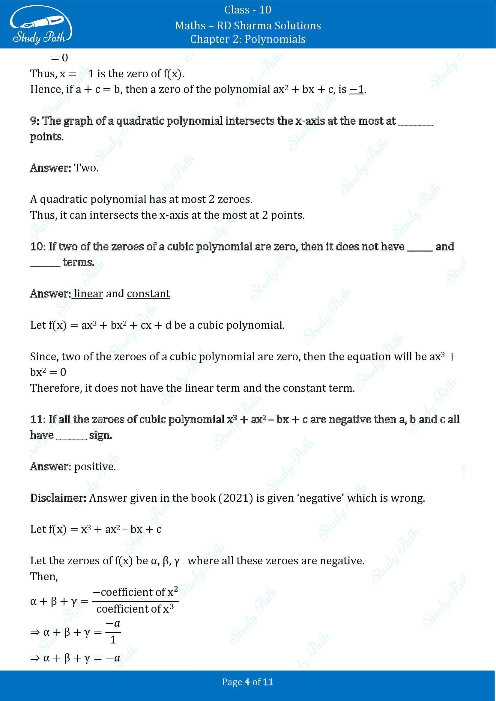 RD Sharma Solutions Class 10 Chapter 2 Polynomials Fill in the Blank Type Questions FBQs 00004