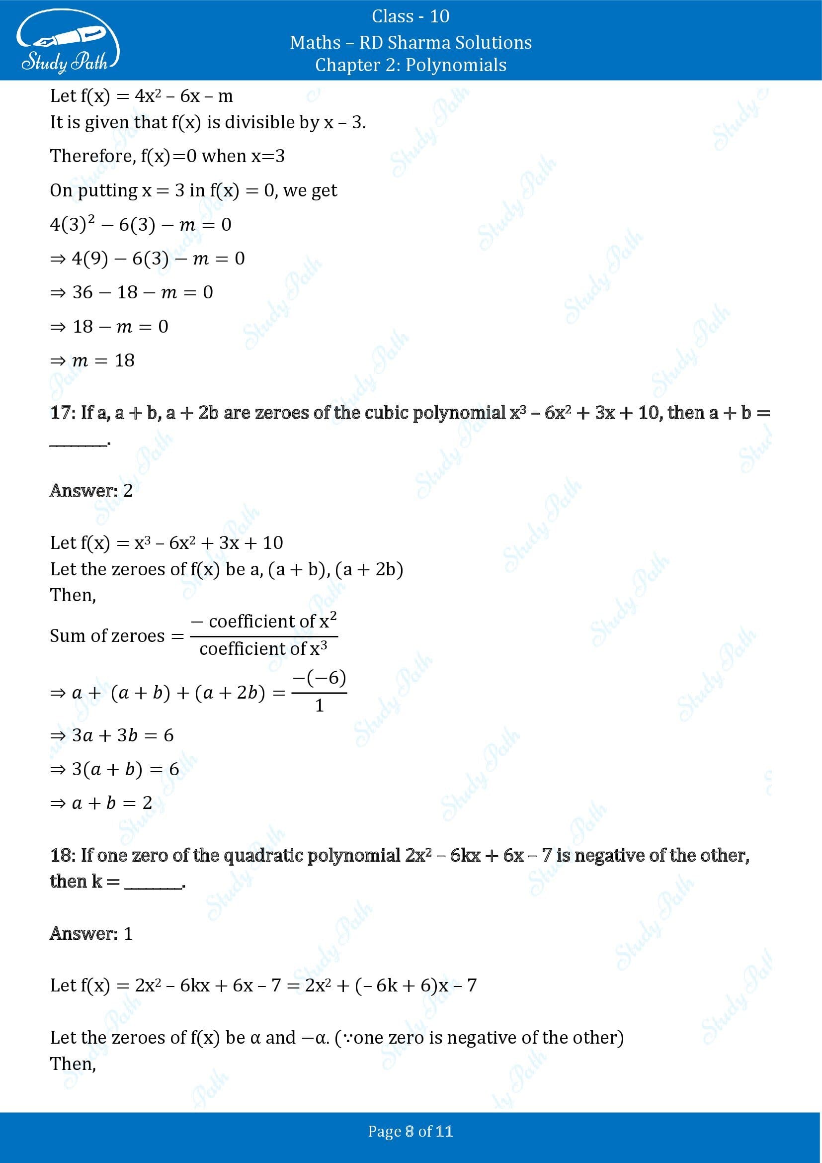 RD Sharma Solutions Class 10 Chapter 2 Polynomials Fill in the Blank Type Questions FBQs 00008