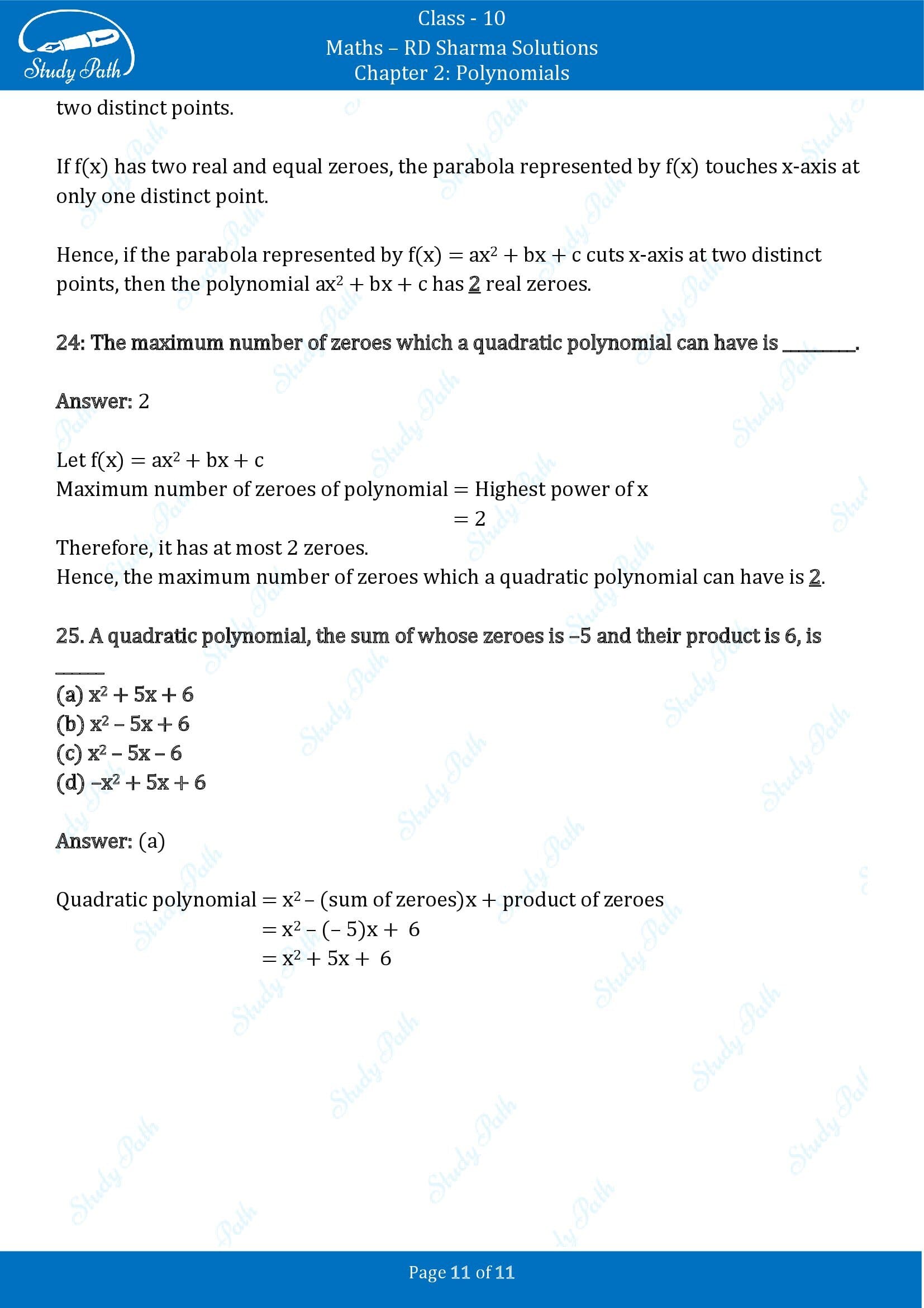 RD Sharma Solutions Class 10 Chapter 2 Polynomials Fill in the Blank Type Questions FBQs 00011