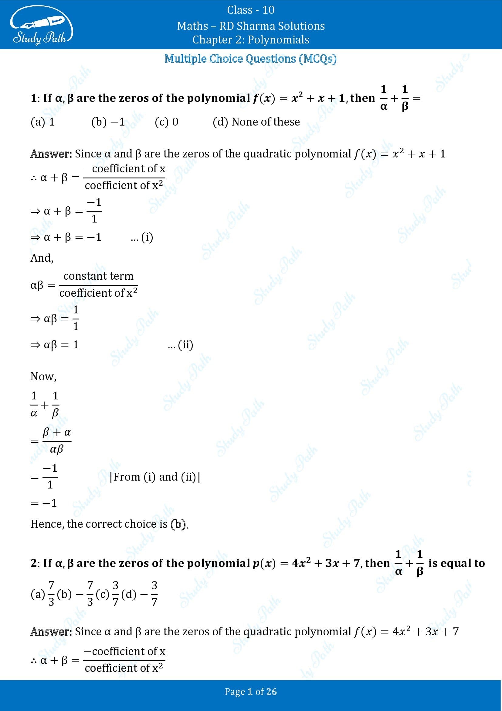 RD Sharma Solutions Class 10 Chapter 2 Polynomials Multiple Choice Questions MCQs 00001