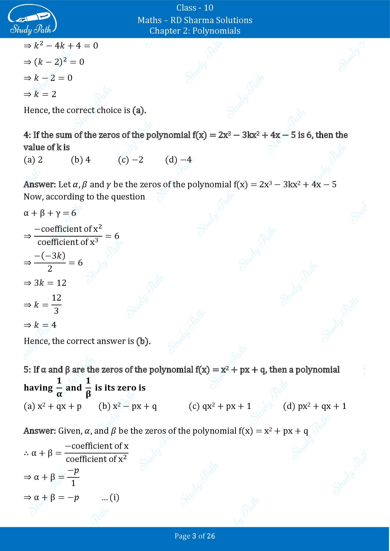 RD Sharma Solutions Class 10 Chapter 2 Polynomials Multiple Choice Questions MCQs 00003
