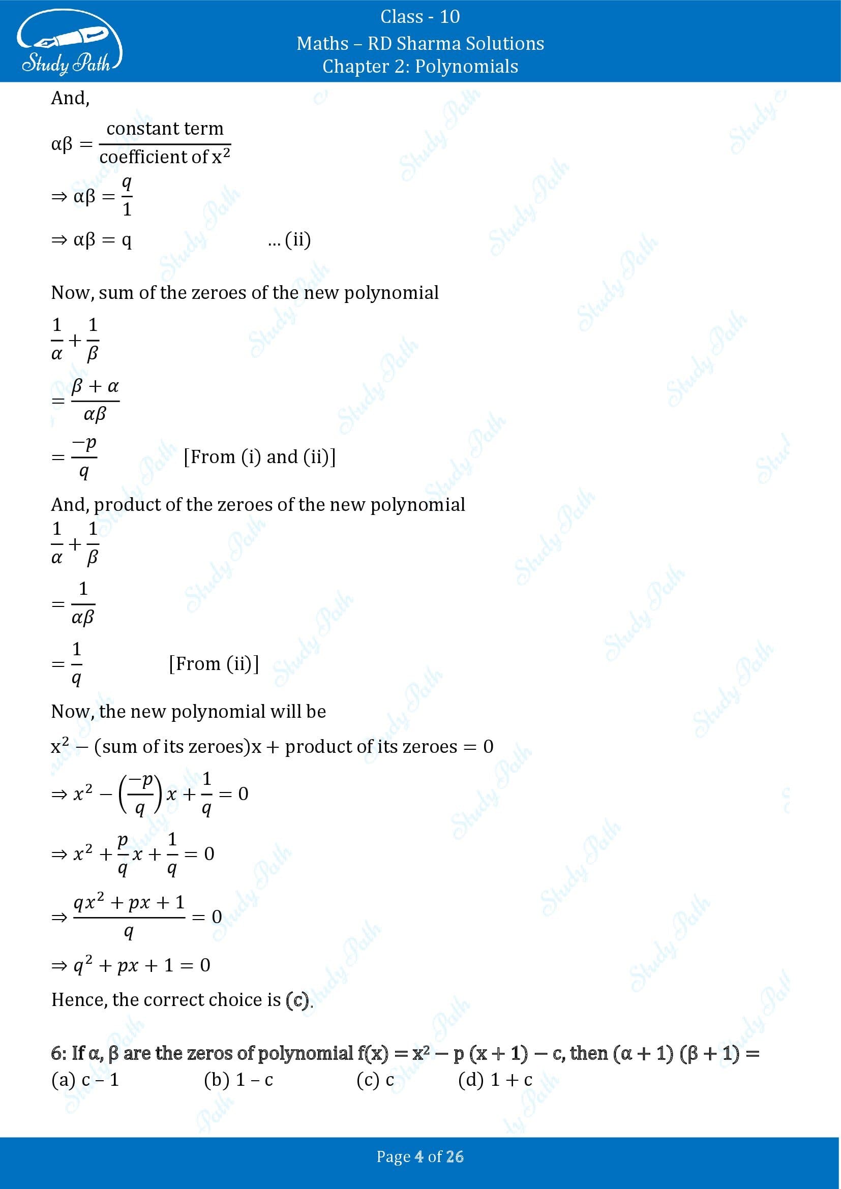 RD Sharma Solutions Class 10 Chapter 2 Polynomials Multiple Choice Questions MCQs 00004