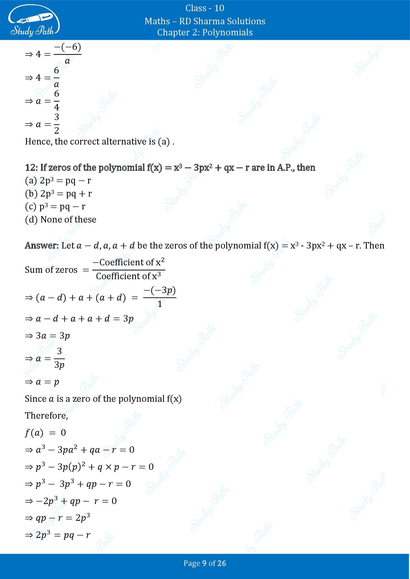 RD Sharma Solutions Class 10 Chapter 2 Polynomials Multiple Choice Questions MCQs 00009