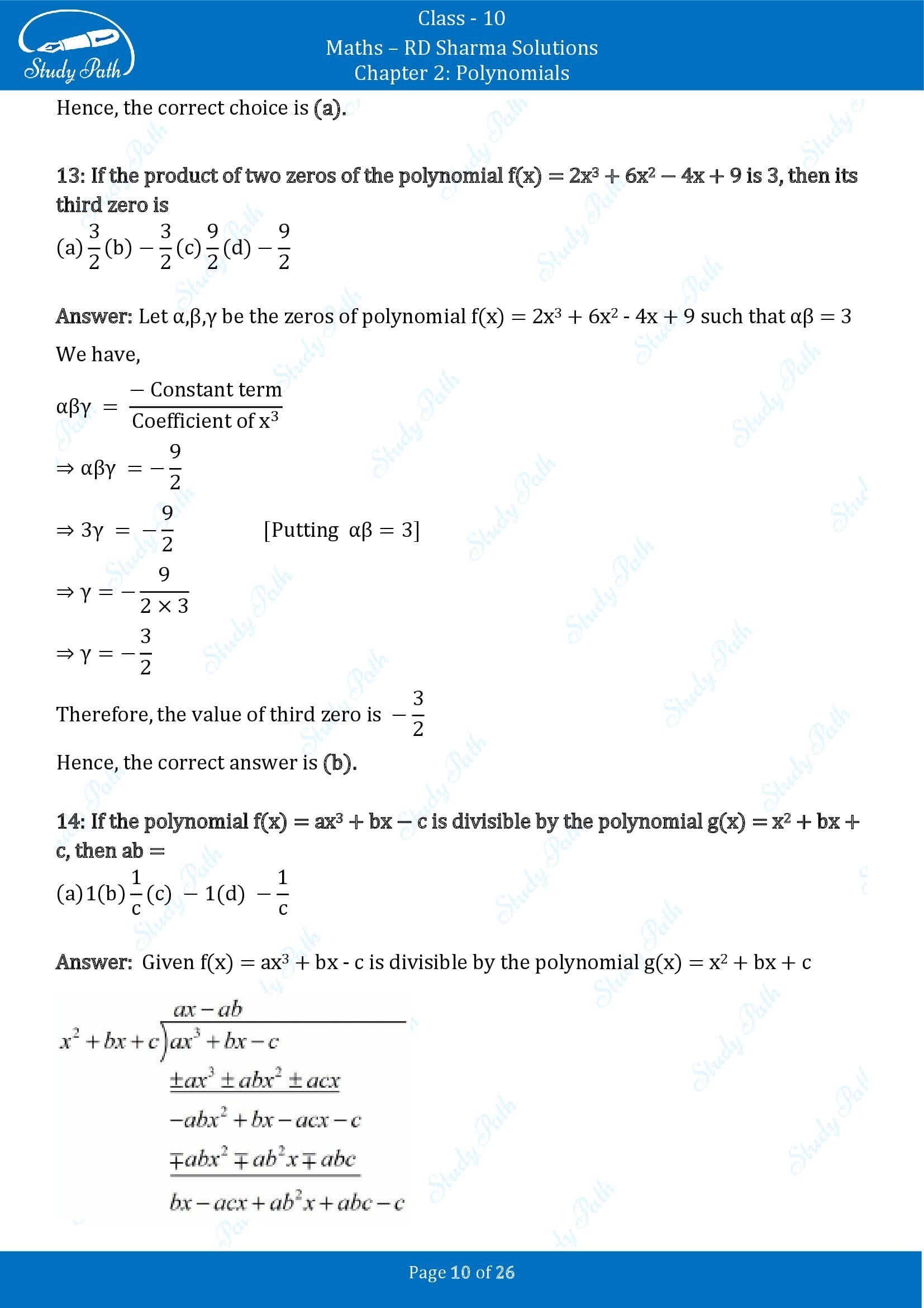 RD Sharma Solutions Class 10 Chapter 2 Polynomials Multiple Choice Questions MCQs 00010