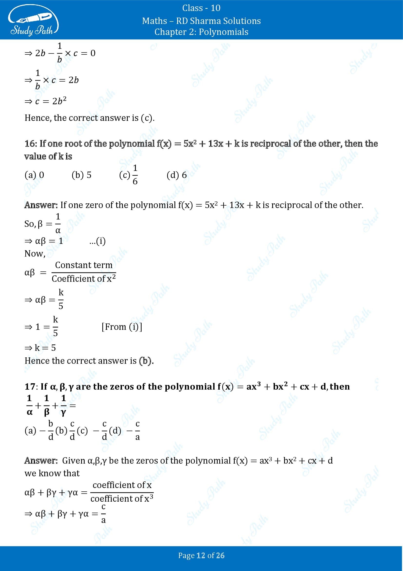 RD Sharma Solutions Class 10 Chapter 2 Polynomials Multiple Choice Questions MCQs 00012