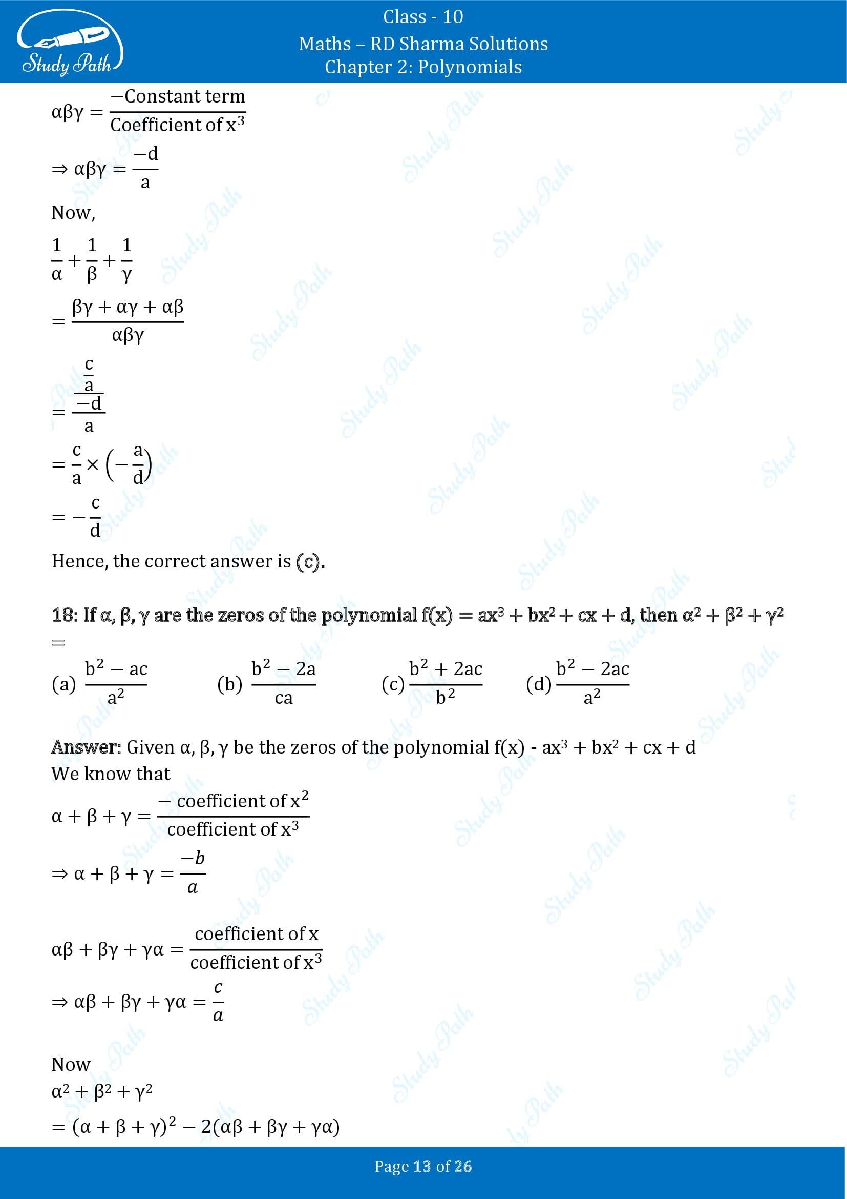 RD Sharma Solutions Class 10 Chapter 2 Polynomials Multiple Choice Questions MCQs 00013