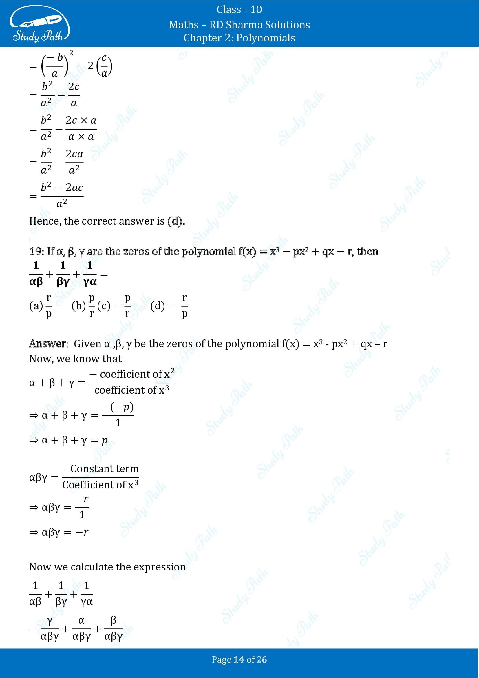 RD Sharma Solutions Class 10 Chapter 2 Polynomials Multiple Choice Questions MCQs 00014