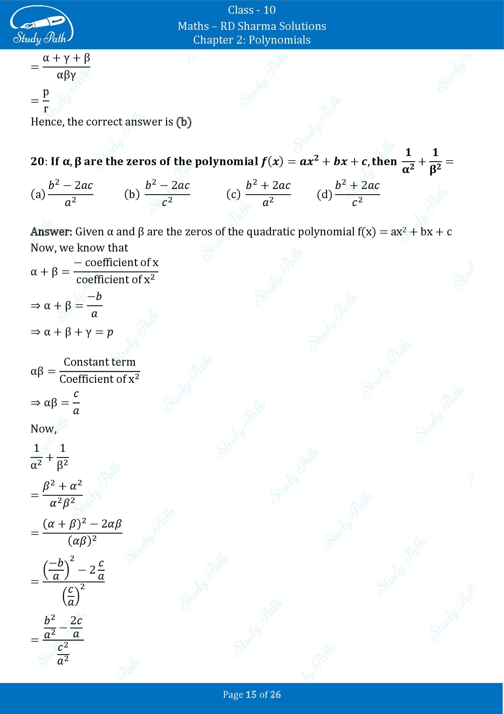 RD Sharma Solutions Class 10 Chapter 2 Polynomials Multiple Choice Questions MCQs 00015