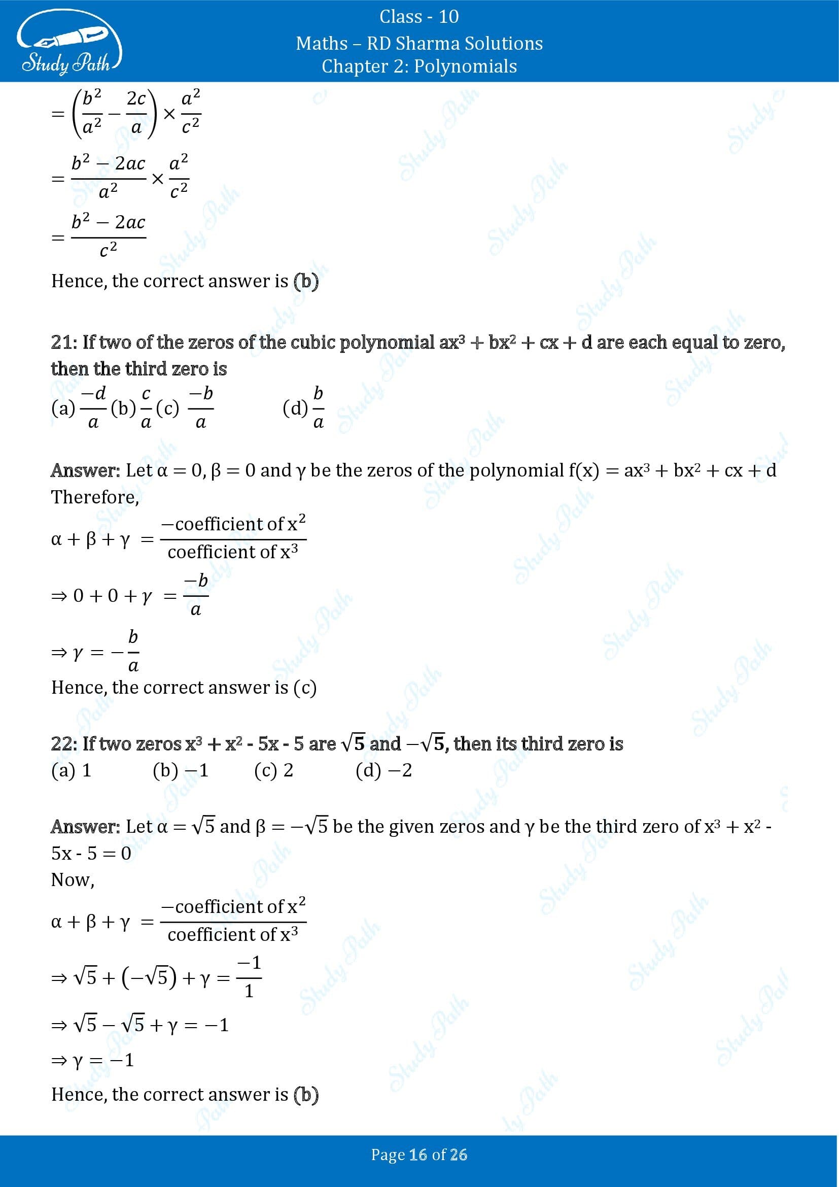 RD Sharma Solutions Class 10 Chapter 2 Polynomials Multiple Choice Questions MCQs 00016