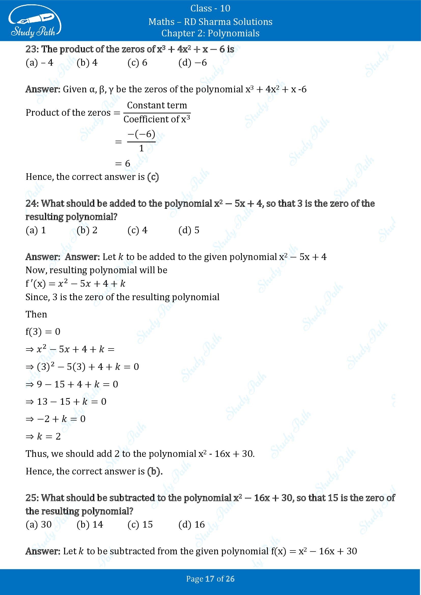 RD Sharma Solutions Class 10 Chapter 2 Polynomials Multiple Choice Questions MCQs 00017