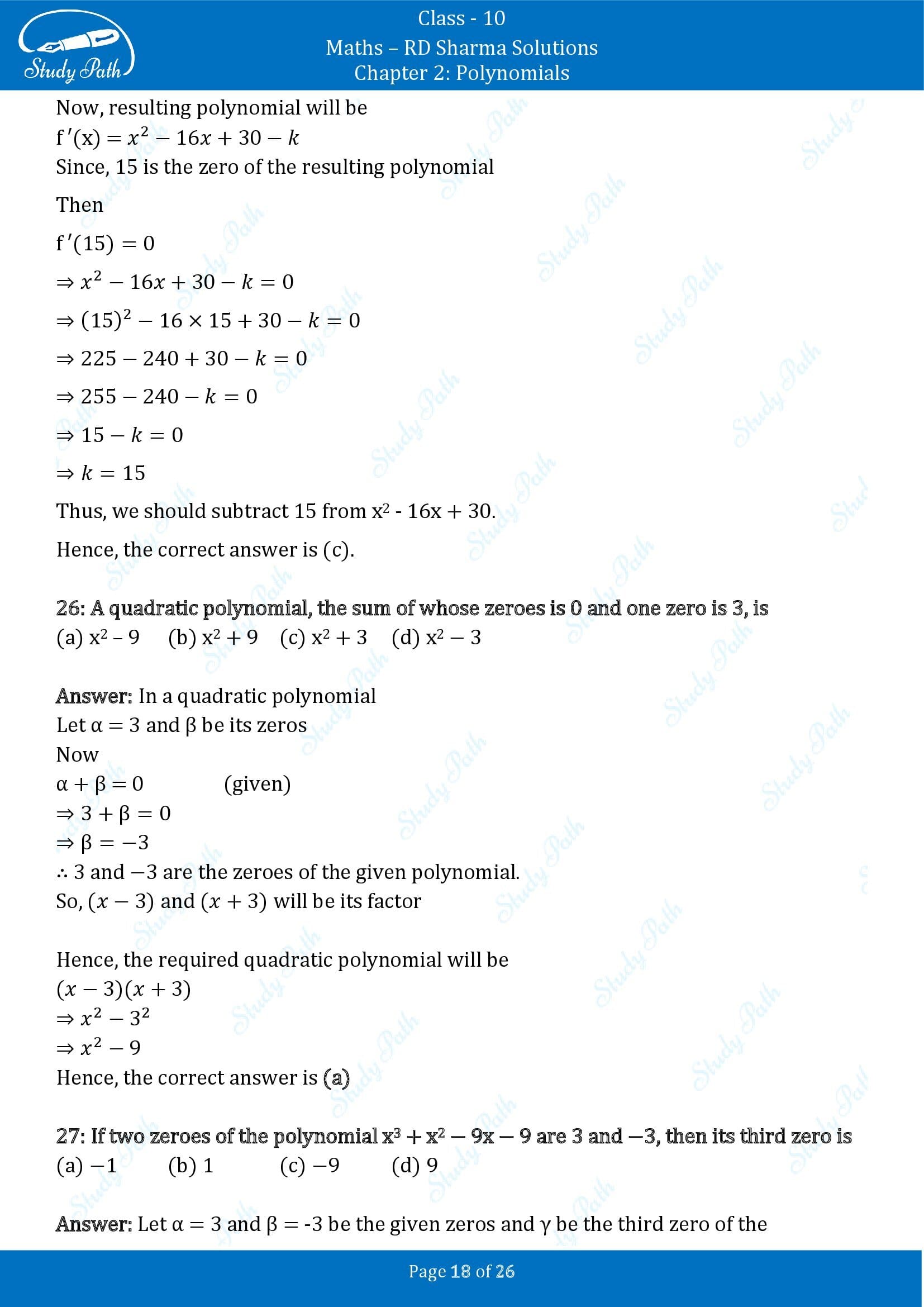 RD Sharma Solutions Class 10 Chapter 2 Polynomials Multiple Choice Questions MCQs 00018