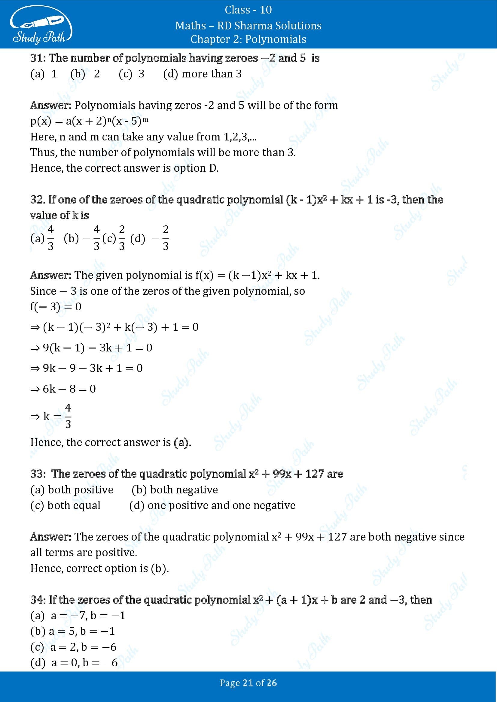 RD Sharma Solutions Class 10 Chapter 2 Polynomials Multiple Choice Questions MCQs 00021
