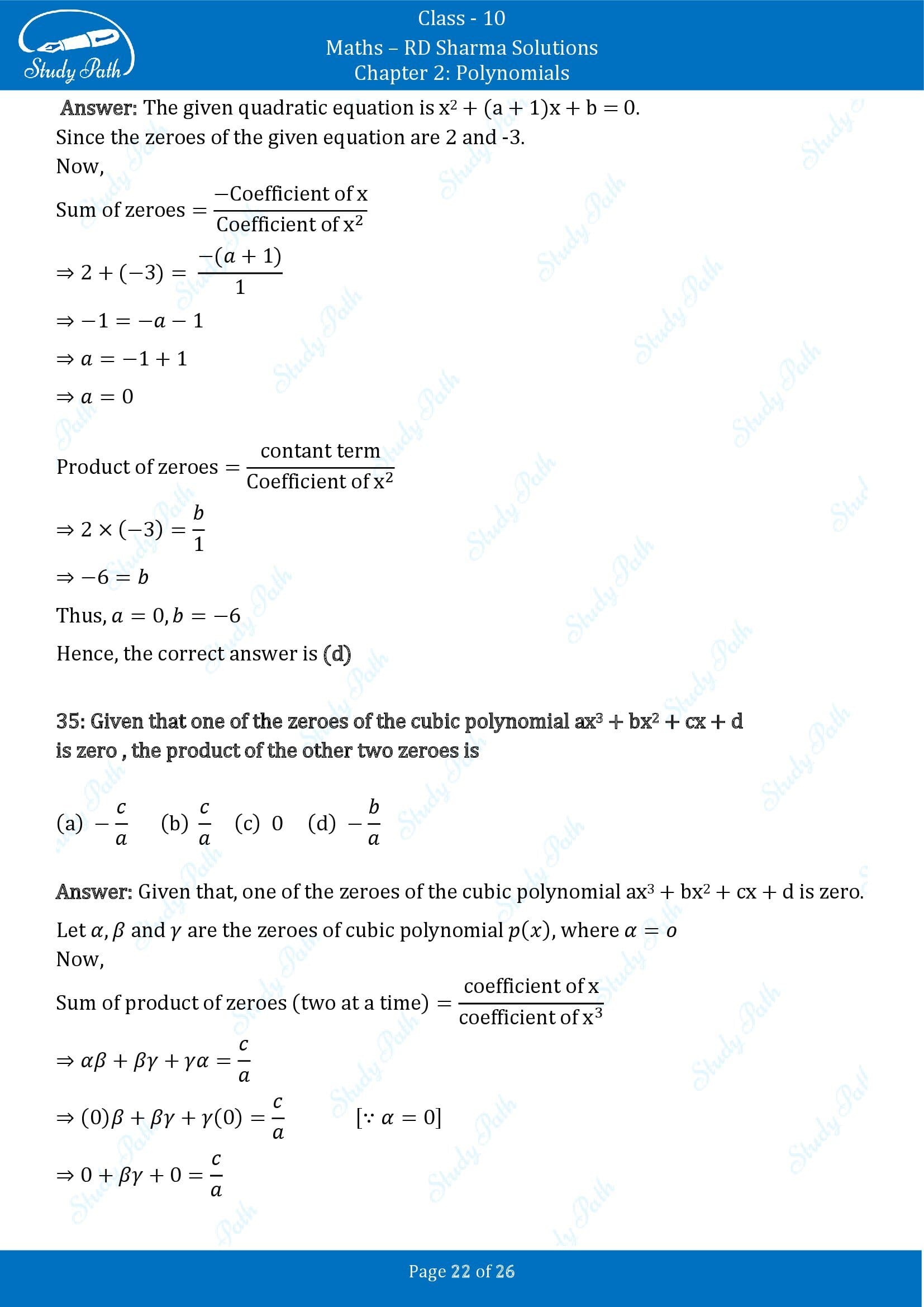 RD Sharma Solutions Class 10 Chapter 2 Polynomials Multiple Choice Questions MCQs 00022
