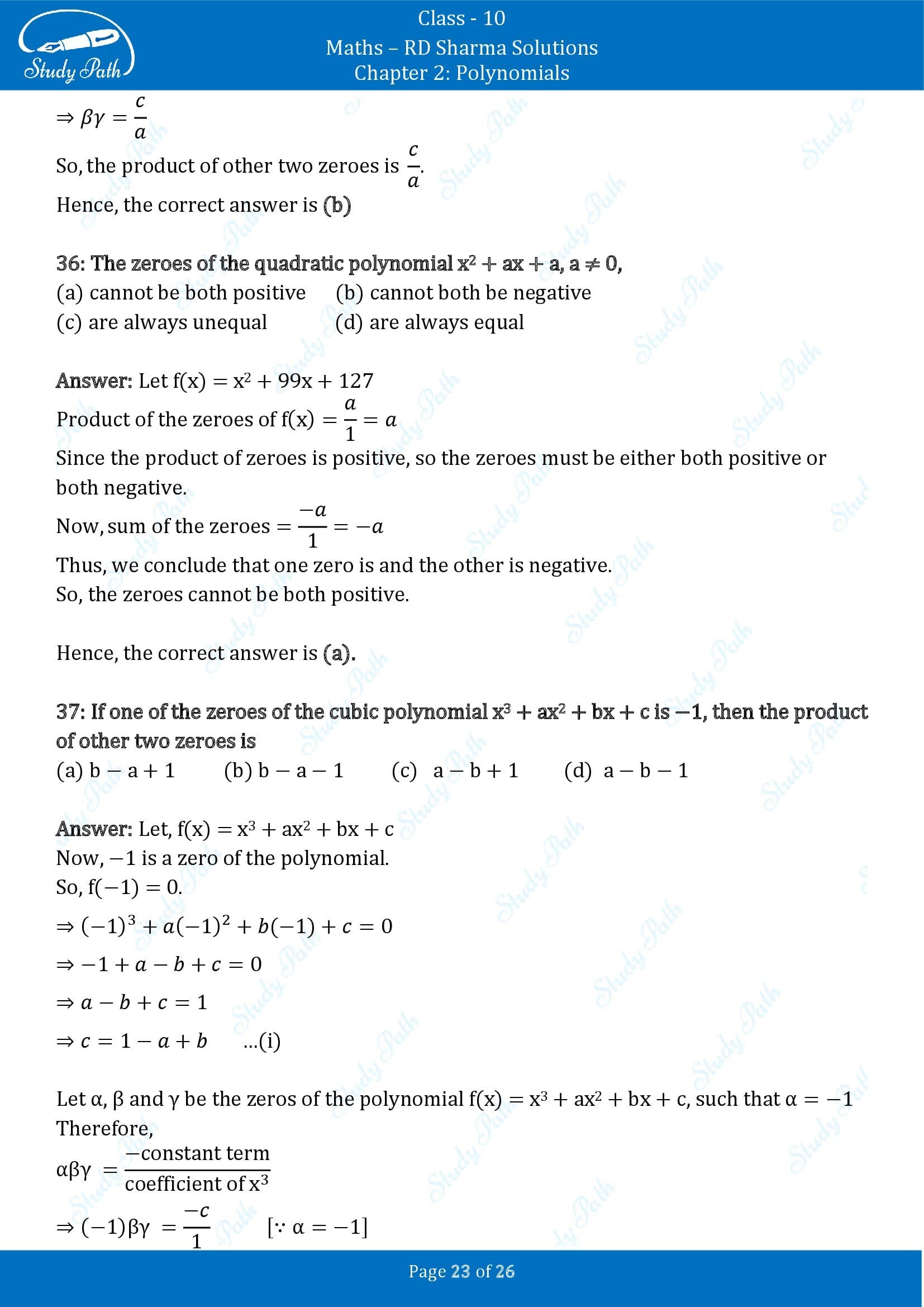RD Sharma Solutions Class 10 Chapter 2 Polynomials Multiple Choice Questions MCQs 00023
