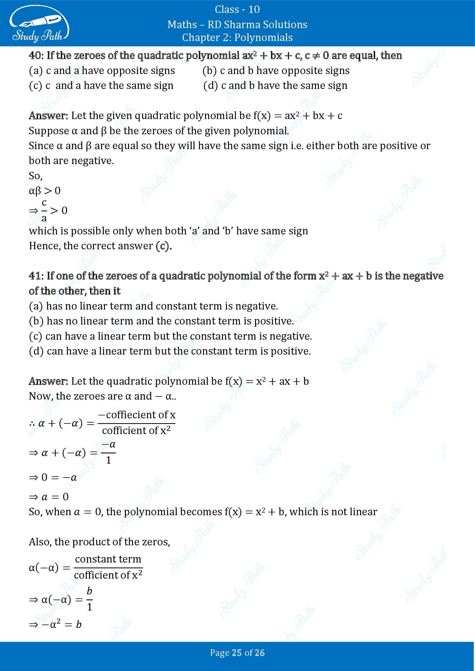RD Sharma Solutions Class 10 Chapter 2 Polynomials Multiple Choice Questions MCQs 00025