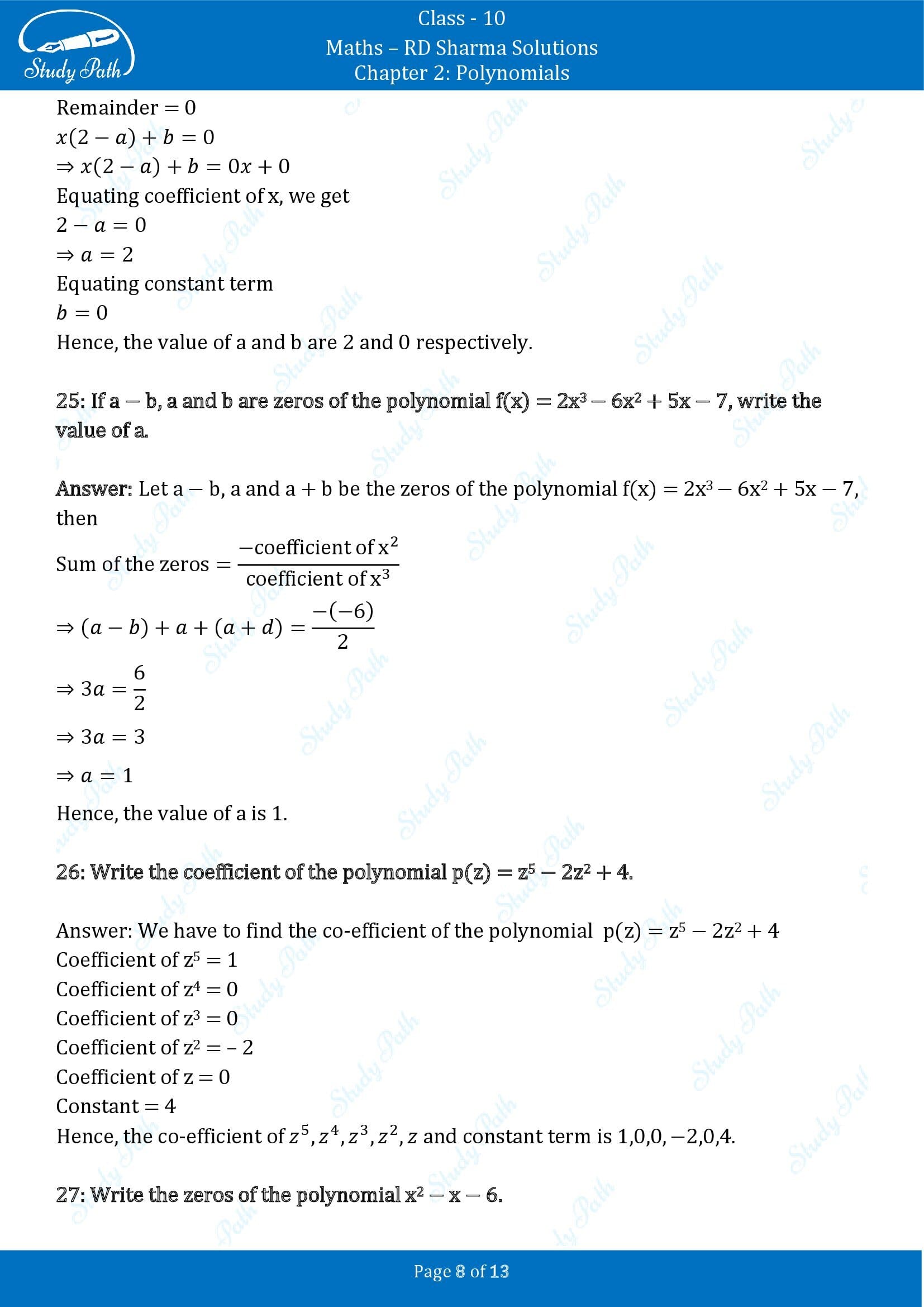RD Sharma Solutions Class 10 Chapter 2 Polynomials Very Short Answer Type Questions VSAQs 00008