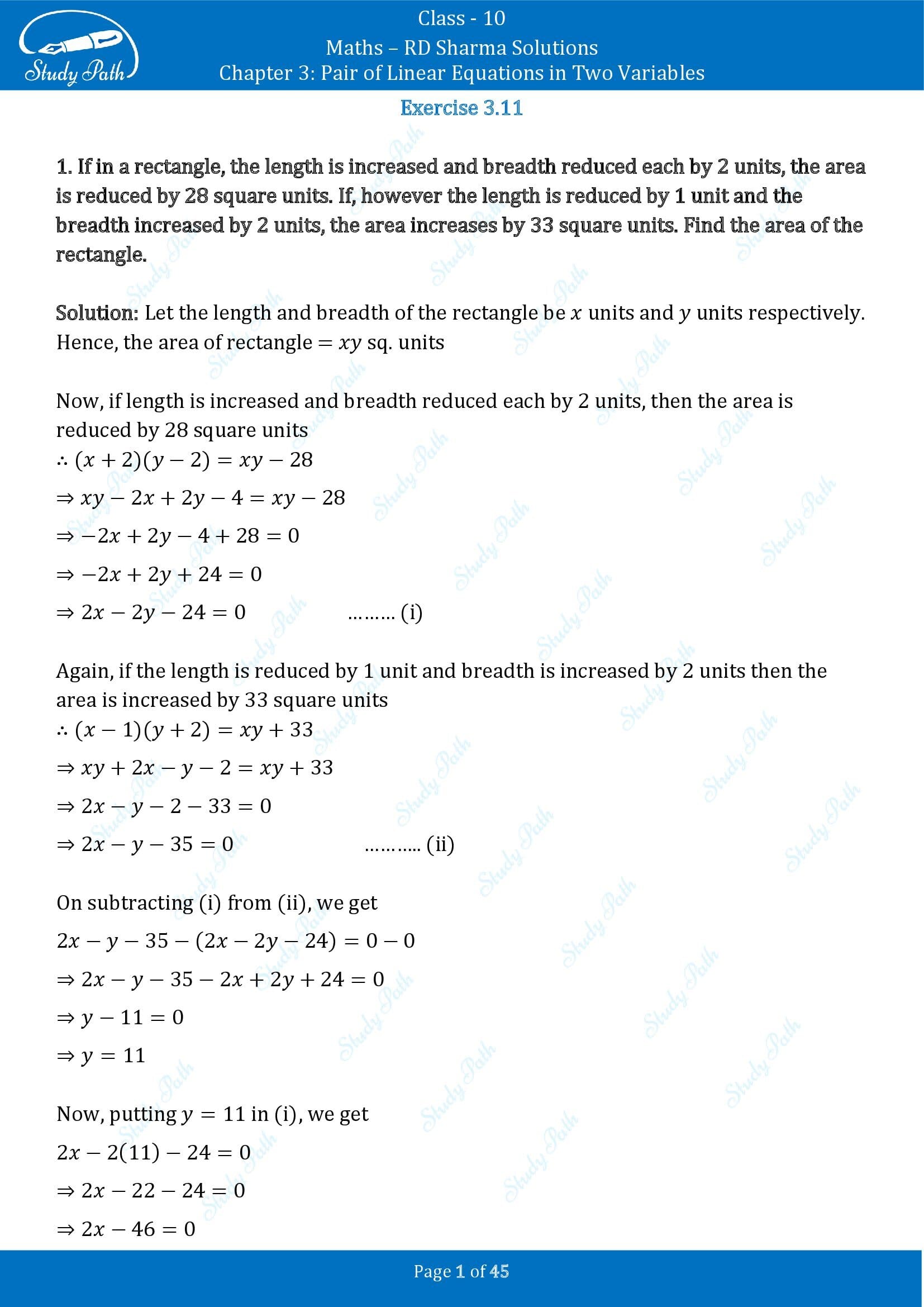 RD Sharma Solutions Class 10 Chapter 3 Pair of Linear Equations in Two Variables Exercise 3.11 00001