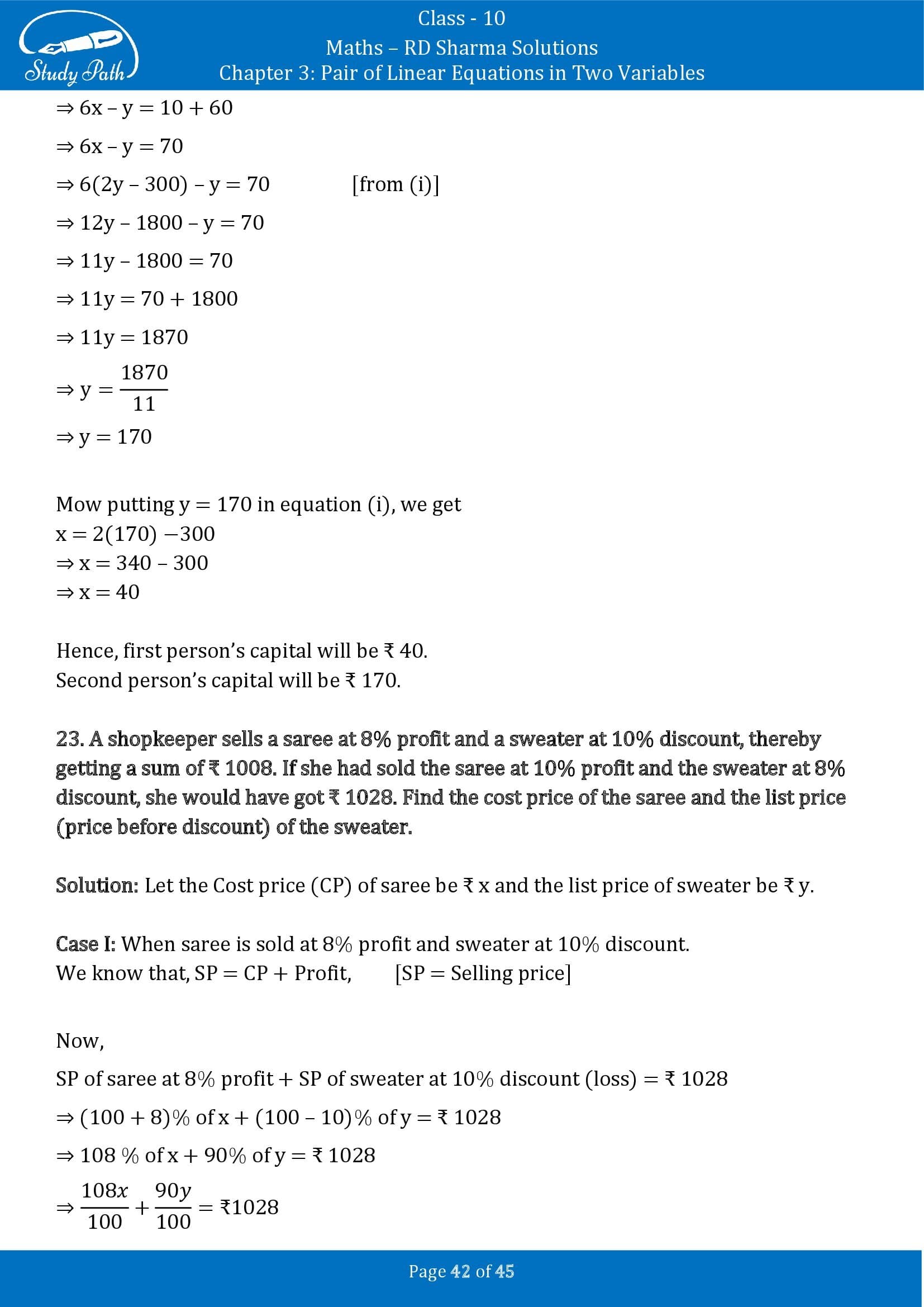 RD Sharma Solutions Class 10 Chapter 3 Pair of Linear Equations in Two Variables Exercise 3.11 00042