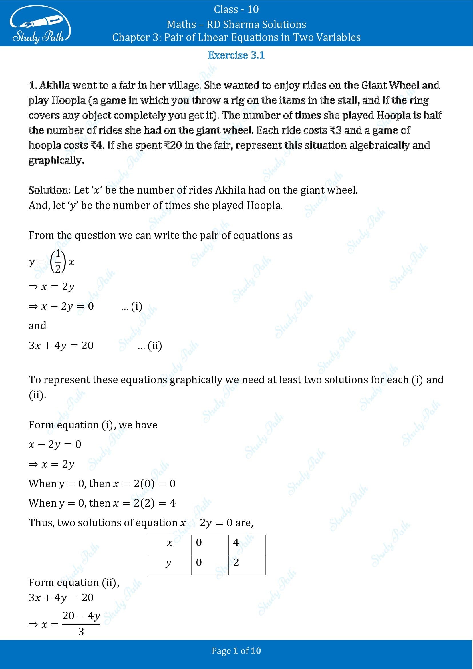 RD Sharma Solutions Class 10 Chapter 3 Pair of Linear Equations in Two Variables Exercise 3.1 00001