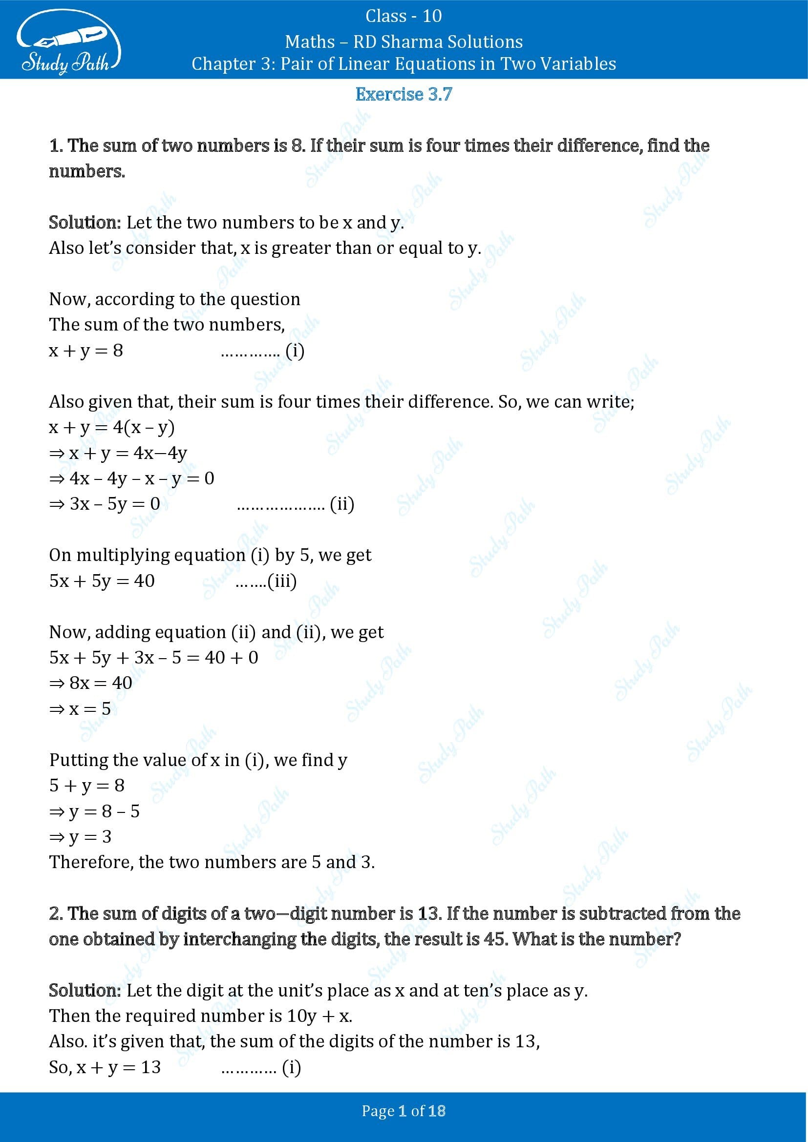 RD Sharma Solutions Class 10 Chapter 3 Pair of Linear Equations in Two Variables Exercise 3.7 00001