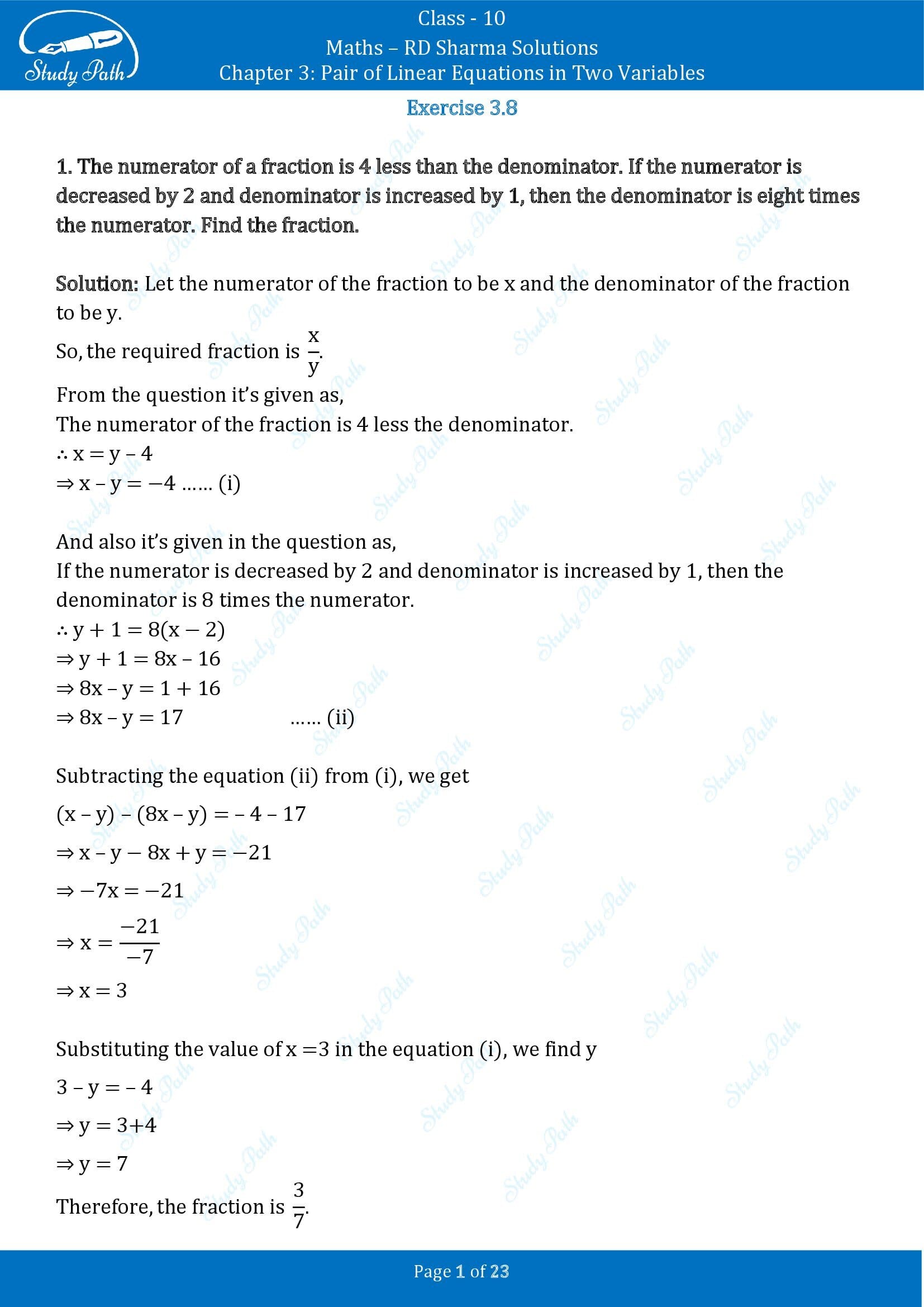 RD Sharma Solutions Class 10 Chapter 3 Pair of Linear Equations in Two Variables Exercise 3.8 00001