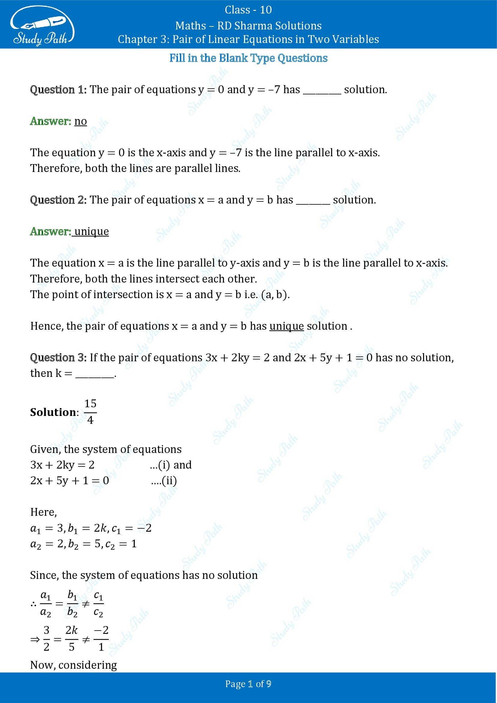 RD Sharma Solutions Class 10 Chapter 3 Pair of Linear Equations in Two Variables Exercise Fill in the Blank Type Questions FBQs 00001