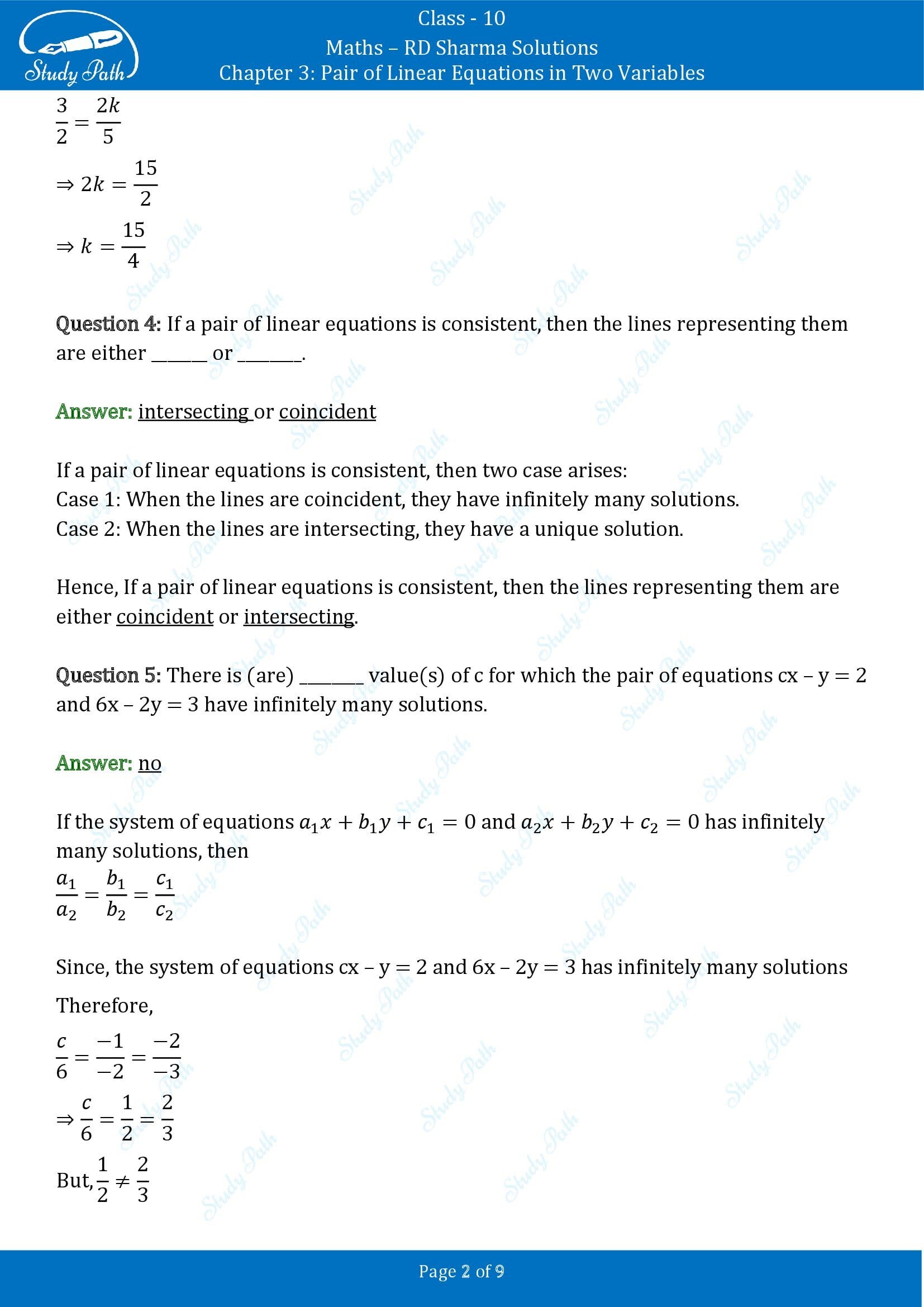 RD Sharma Solutions Class 10 Chapter 3 Pair of Linear Equations in Two Variables Exercise Fill in the Blank Type Questions FBQs 00002