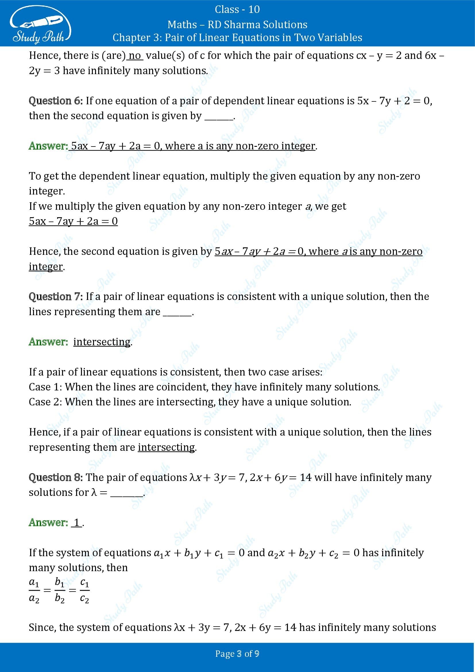 RD Sharma Solutions Class 10 Chapter 3 Pair of Linear Equations in Two Variables Exercise Fill in the Blank Type Questions FBQs 00003