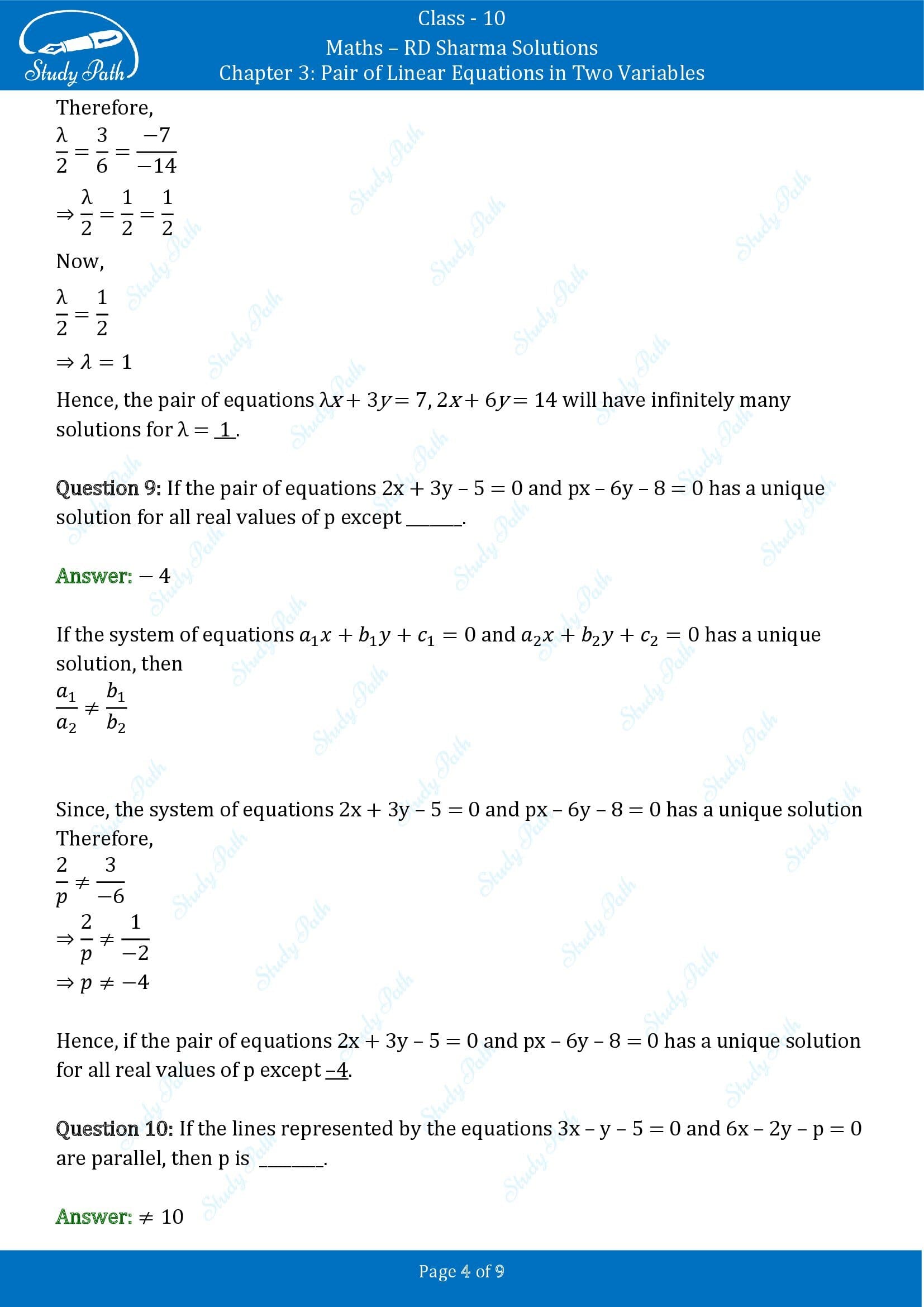 RD Sharma Solutions Class 10 Chapter 3 Pair of Linear Equations in Two Variables Exercise Fill in the Blank Type Questions FBQs 00004