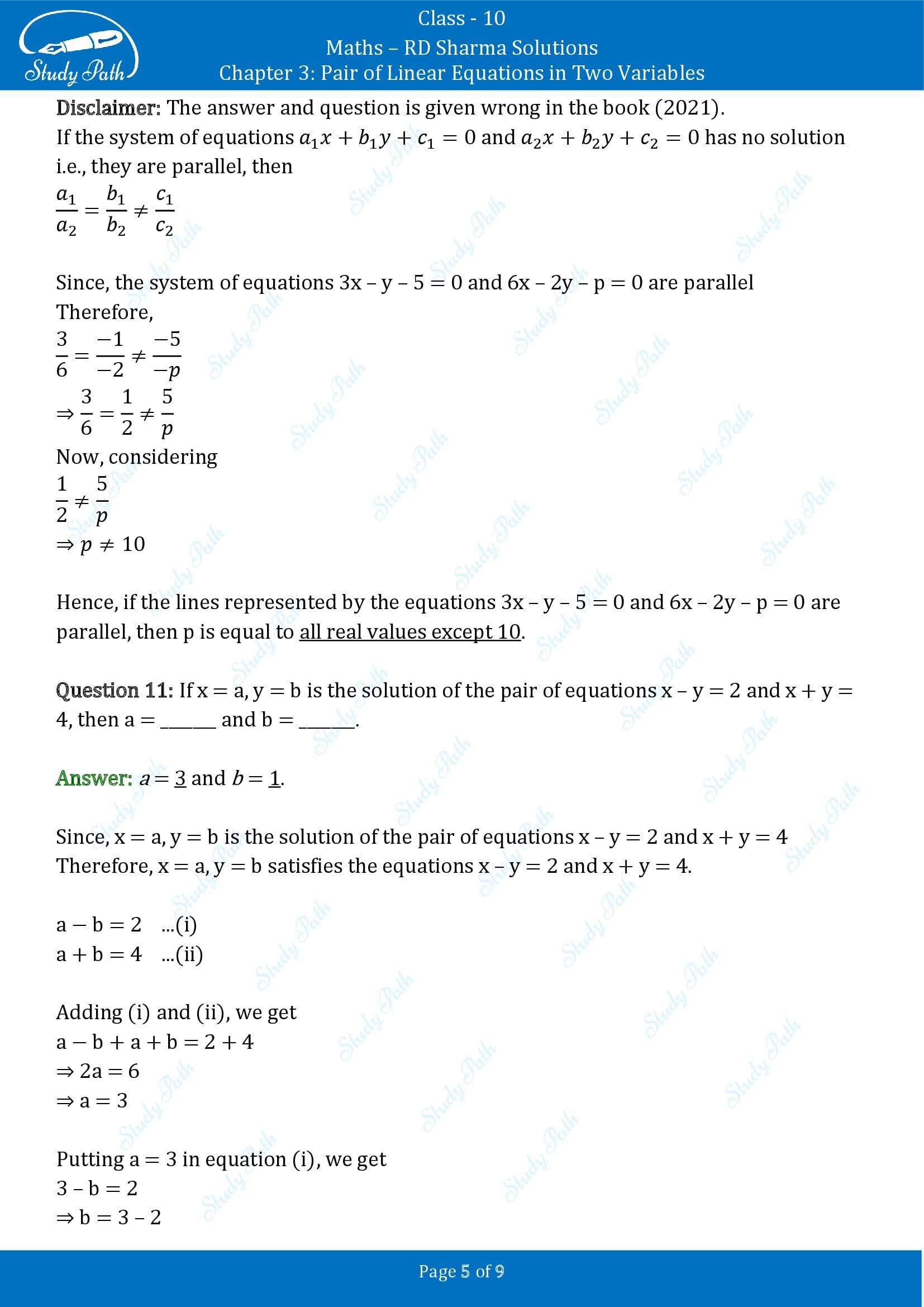 RD Sharma Solutions Class 10 Chapter 3 Pair of Linear Equations in Two Variables Exercise Fill in the Blank Type Questions FBQs 00005