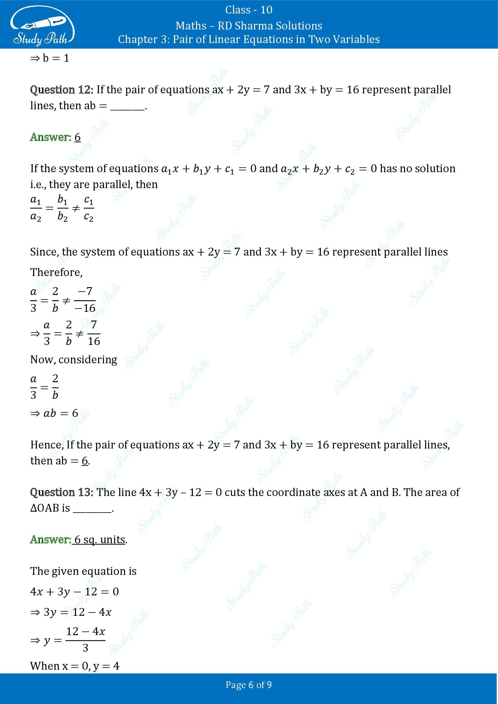 RD Sharma Solutions Class 10 Chapter 3 Pair of Linear Equations in Two Variables Exercise Fill in the Blank Type Questions FBQs 00006