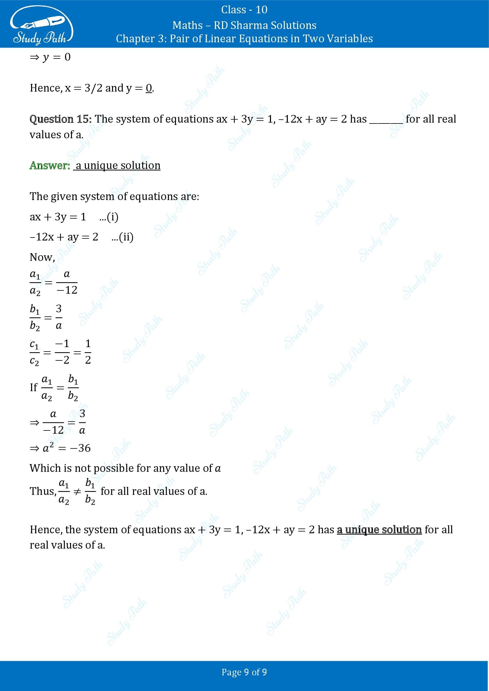 RD Sharma Solutions Class 10 Chapter 3 Pair of Linear Equations in Two Variables Exercise Fill in the Blank Type Questions FBQs 00009