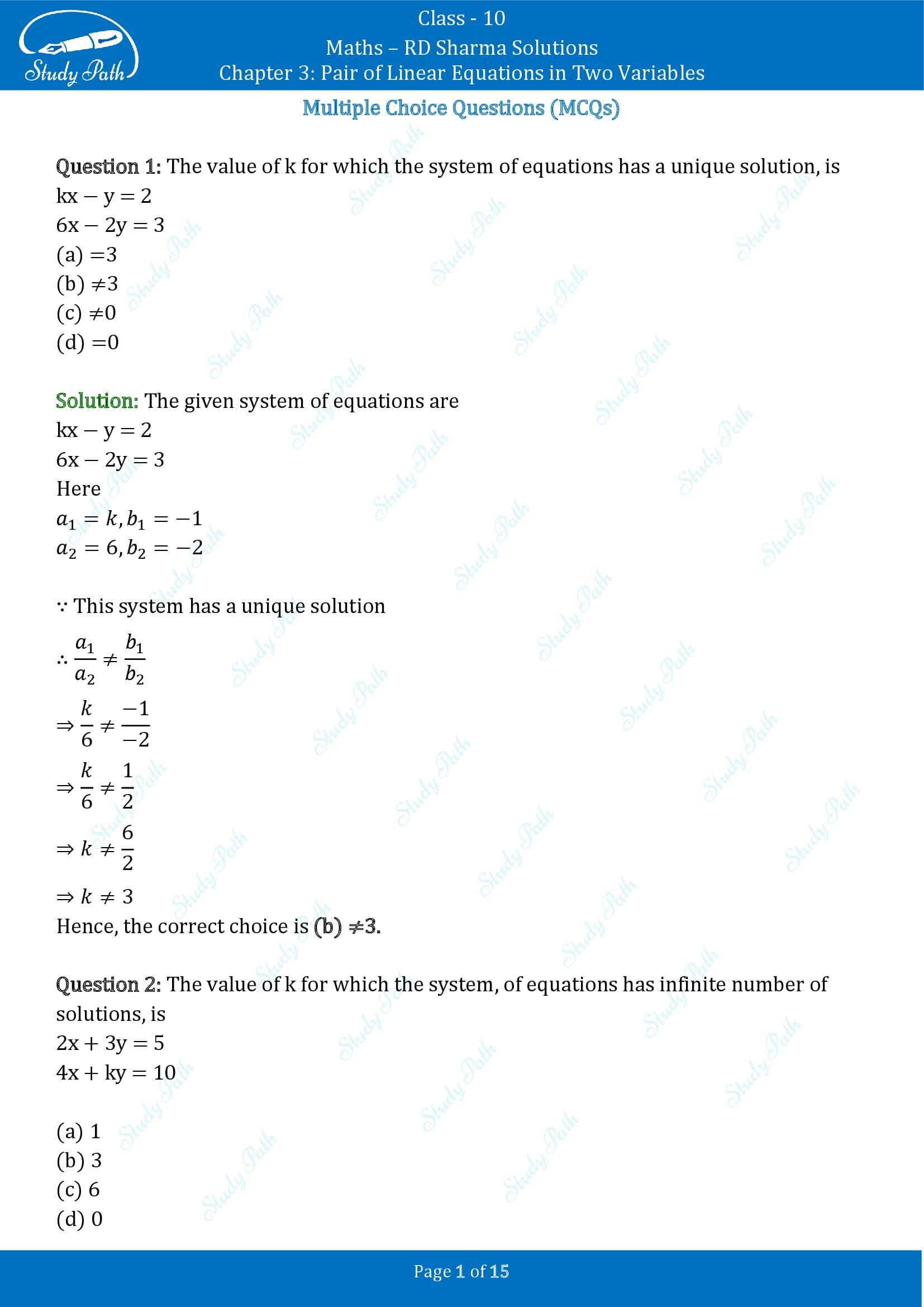 RD Sharma Solutions Class 10 Chapter 3 Pair of Linear Equations in Two Variables Multiple Choice Questions MCQs 00001