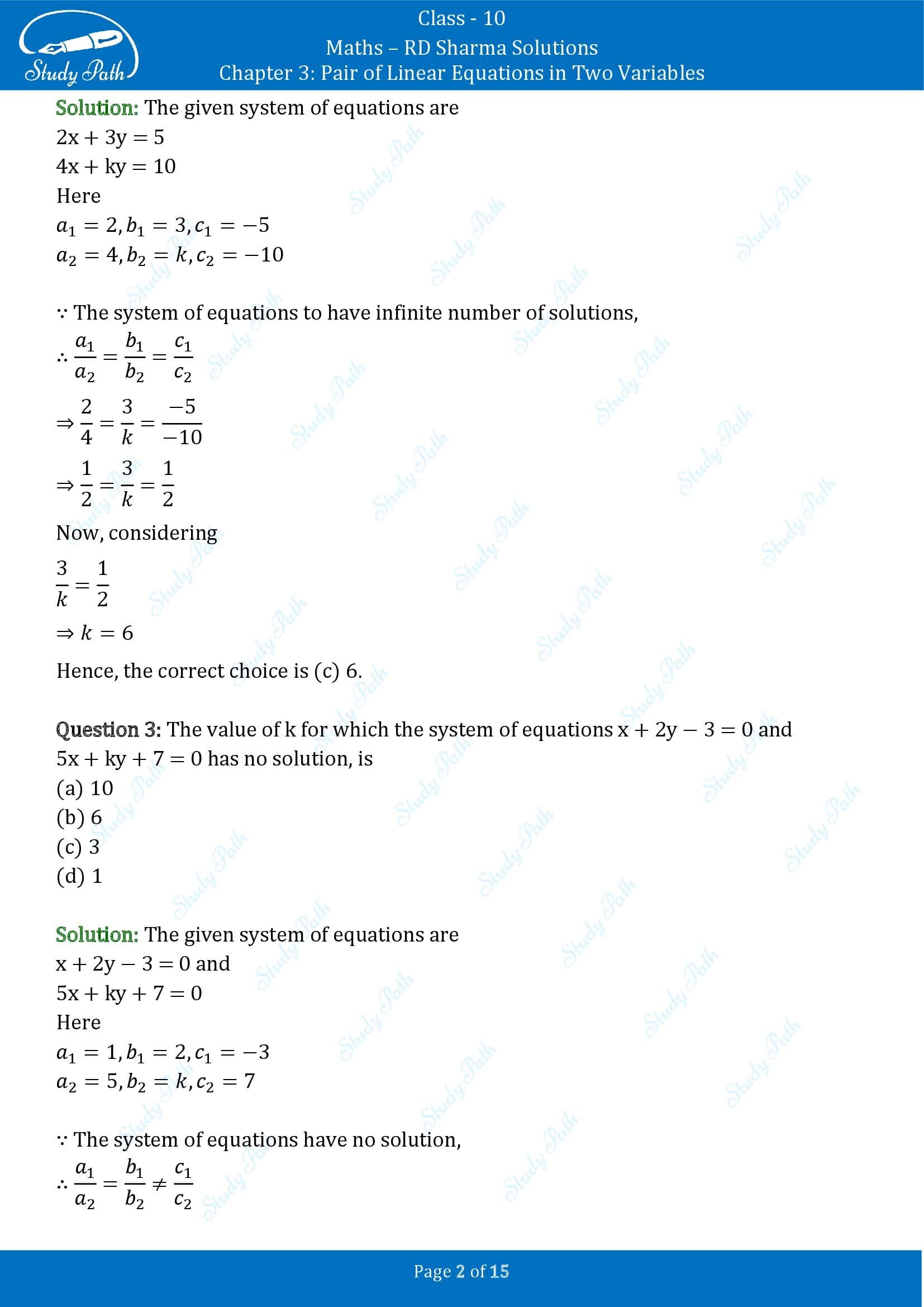 RD Sharma Solutions Class 10 Chapter 3 Pair of Linear Equations in Two Variables Multiple Choice Questions MCQs 00002