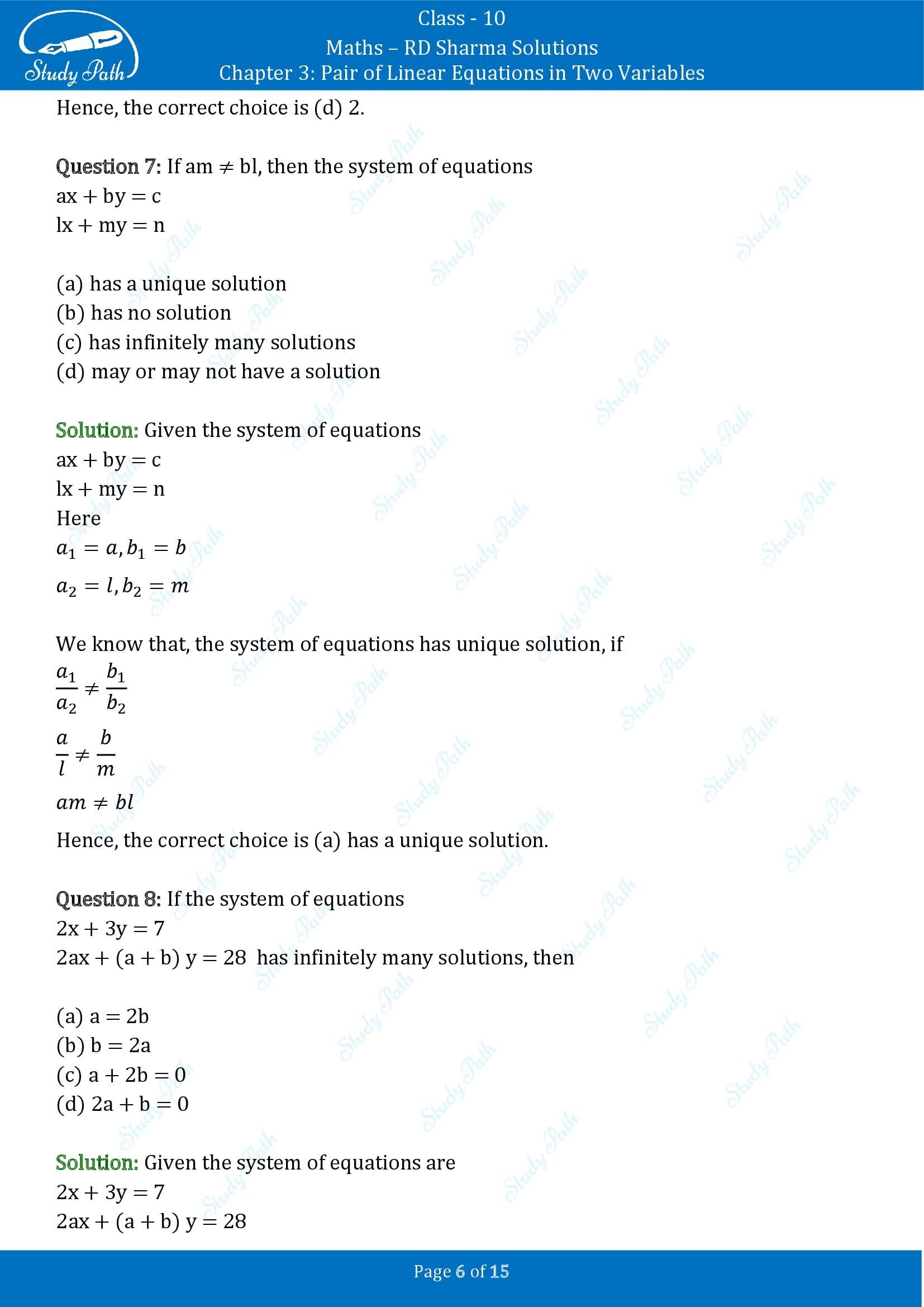 RD Sharma Solutions Class 10 Chapter 3 Pair of Linear Equations in Two Variables Multiple Choice Questions MCQs 00006