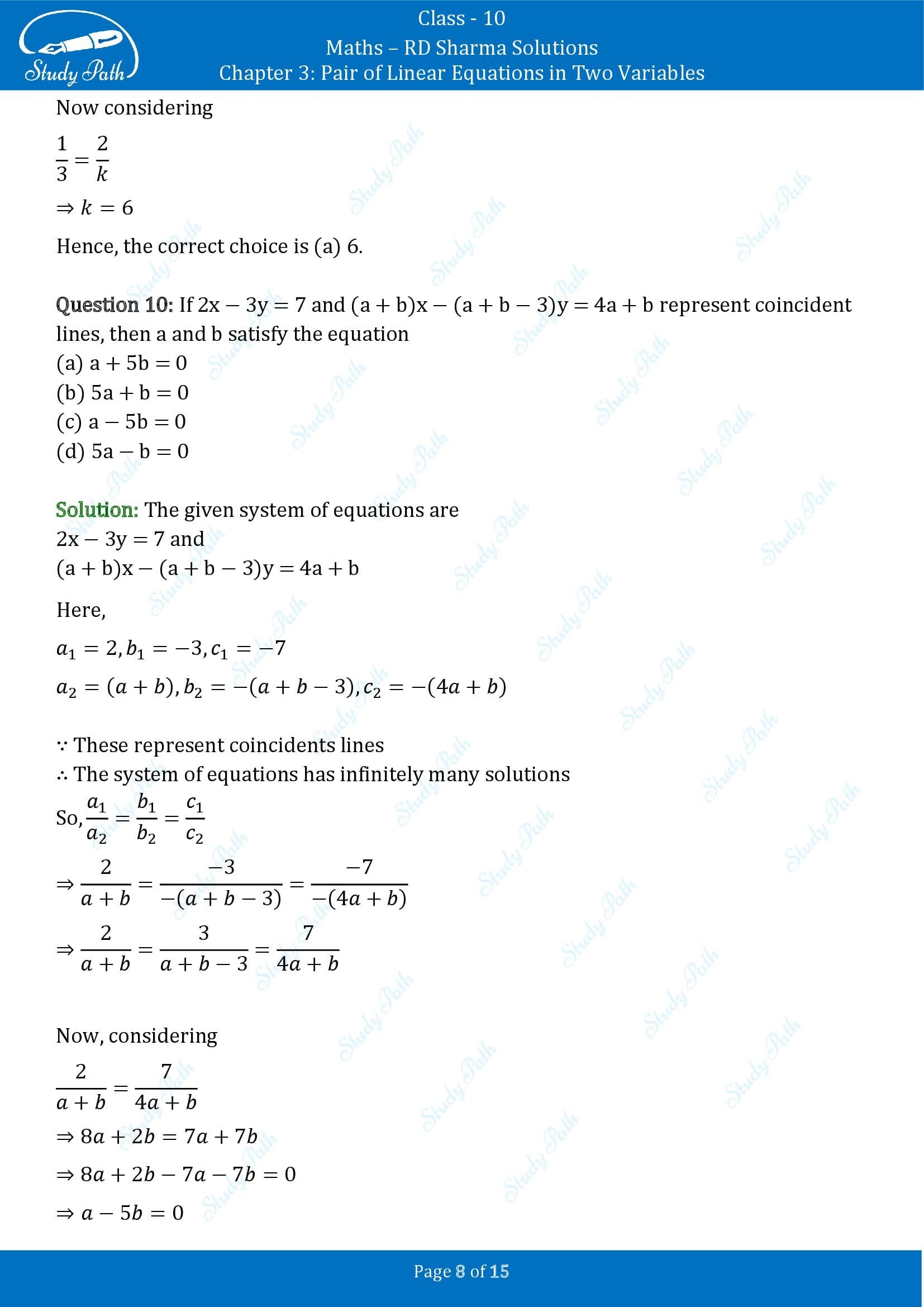 RD Sharma Solutions Class 10 Chapter 3 Pair of Linear Equations in Two Variables Multiple Choice Questions MCQs 00008