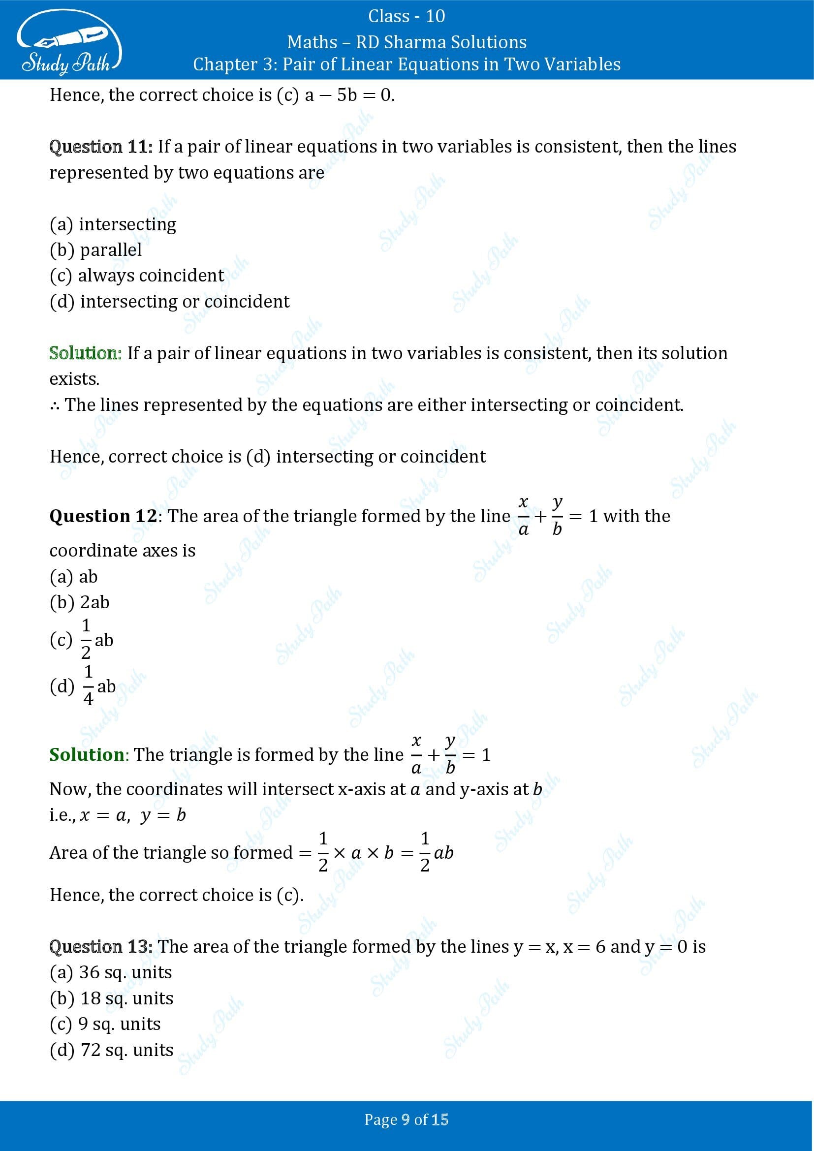 RD Sharma Solutions Class 10 Chapter 3 Pair of Linear Equations in Two Variables Multiple Choice Questions MCQs 00009