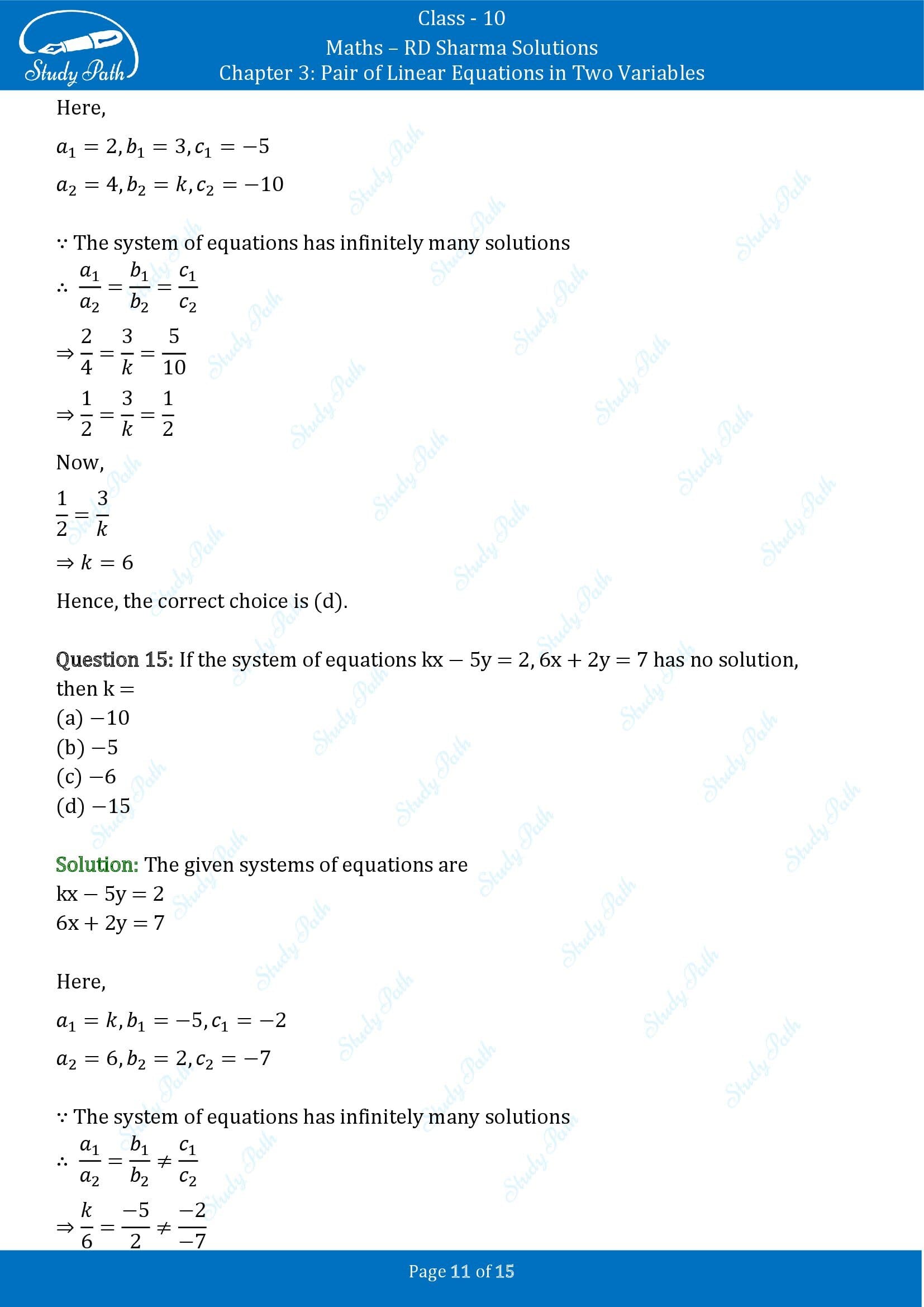 RD Sharma Solutions Class 10 Chapter 3 Pair of Linear Equations in Two Variables Multiple Choice Questions MCQs 00011
