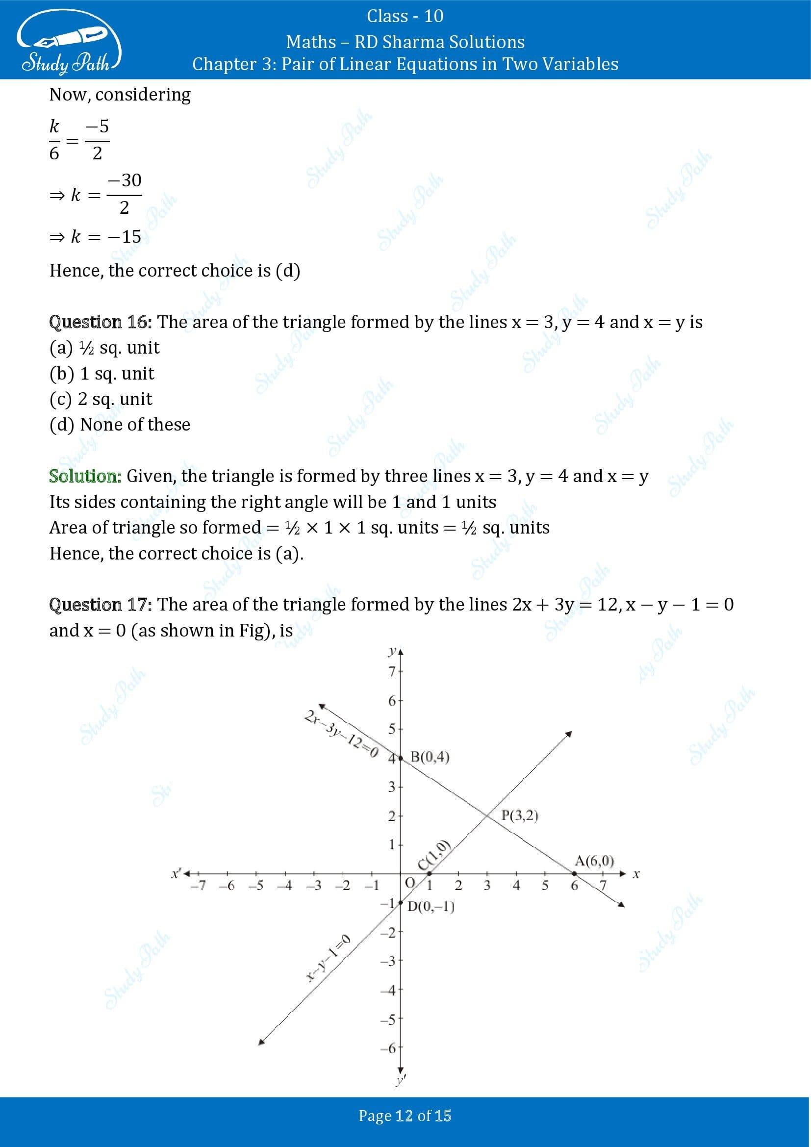 RD Sharma Solutions Class 10 Chapter 3 Pair of Linear Equations in Two Variables Multiple Choice Questions MCQs 00012