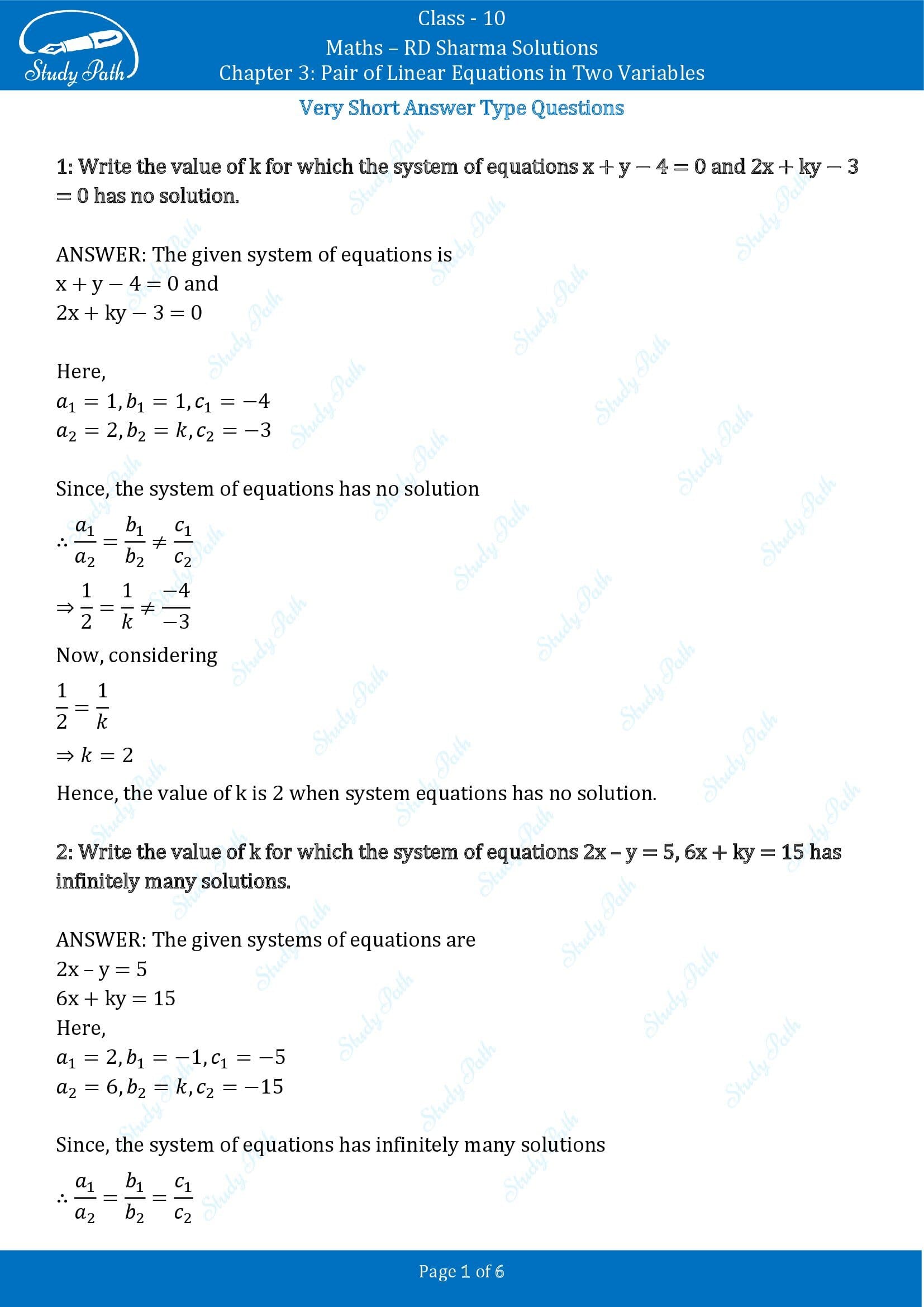 RD Sharma Solutions Class 10 Chapter 3 Pair of Linear Equations in Two Variables Very Short Answer Type Questions VSAQs 00001