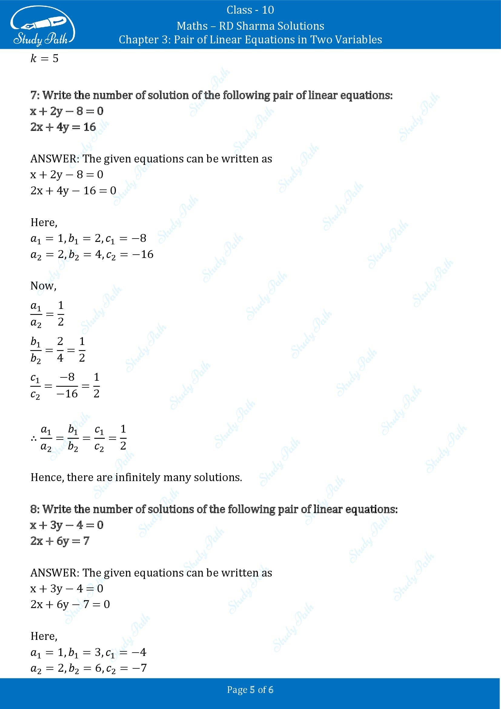RD Sharma Solutions Class 10 Chapter 3 Pair of Linear Equations in Two Variables Very Short Answer Type Questions VSAQs 00005
