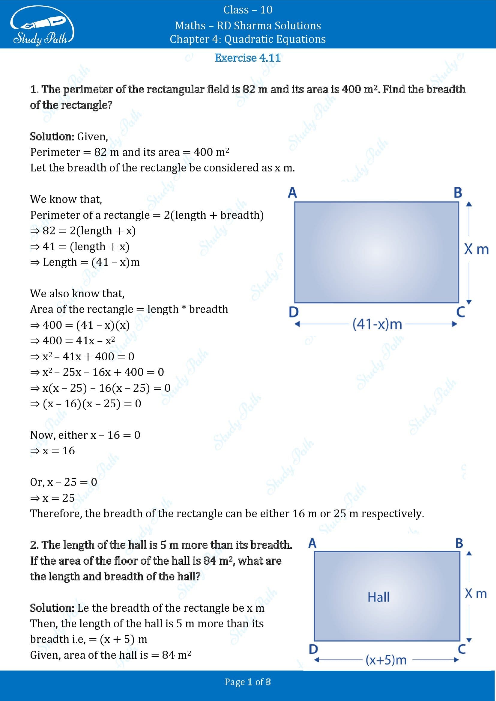 RD Sharma Solutions Class 10 Chapter 4 Quadratic Equations Exercise 4.11 00001